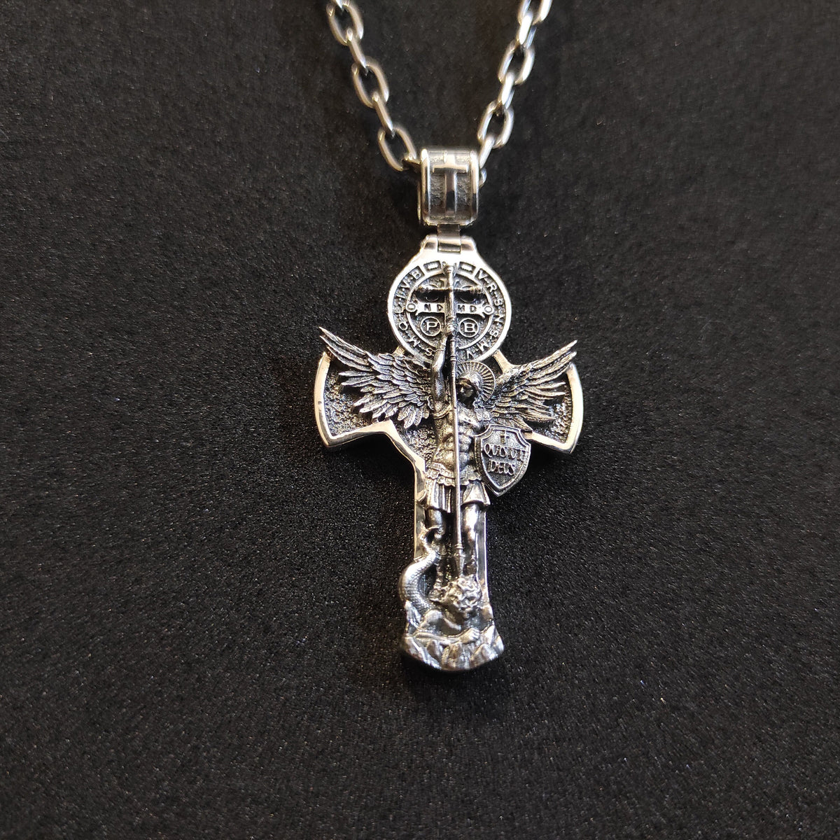 Sterling Silver Archangel Michael Necklace: Handmade St. Benedict Exorcism Cross