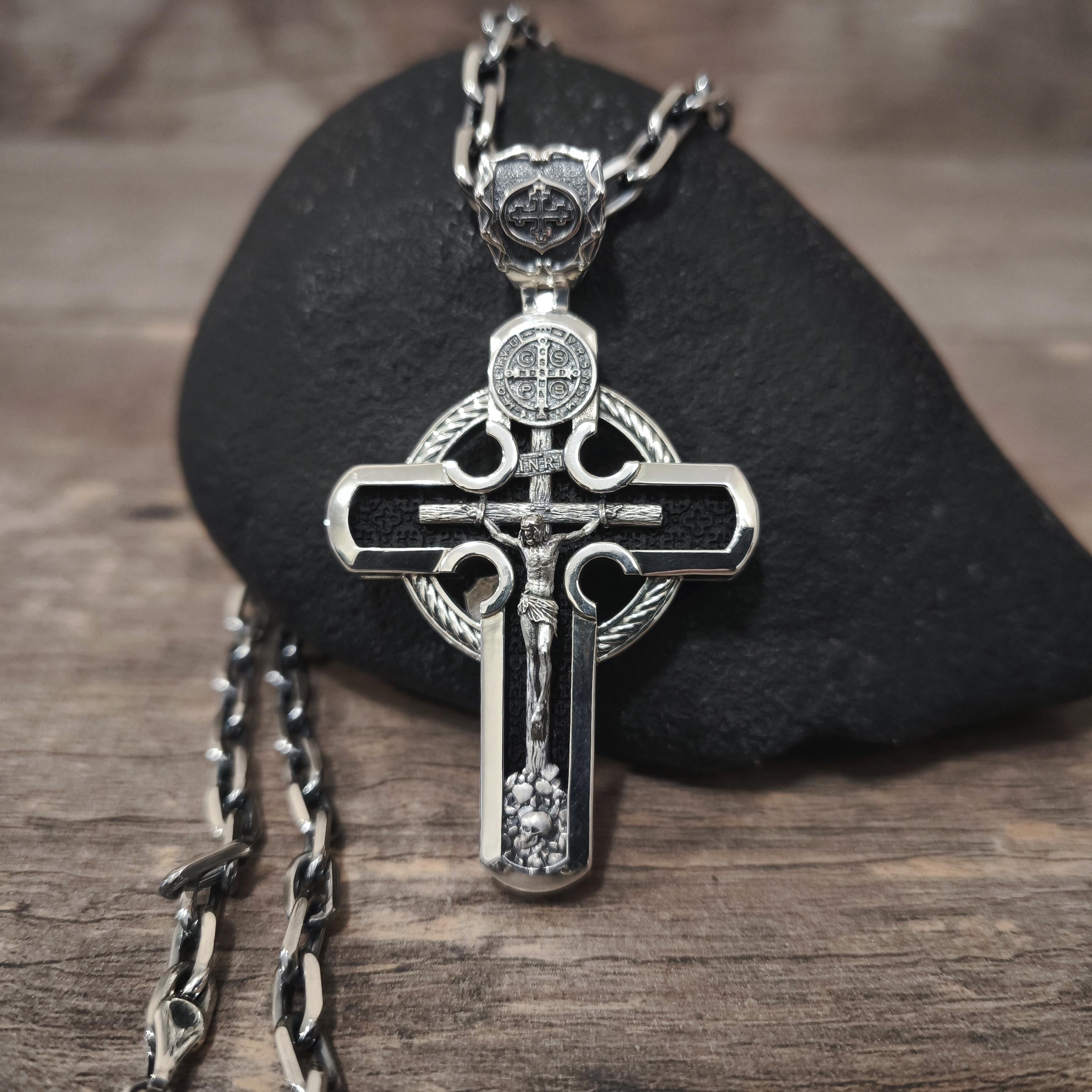 Personalized Saint Benedict Crucifix Necklace Archangel Saint Michael : Sterling Silver & Ebony Wood