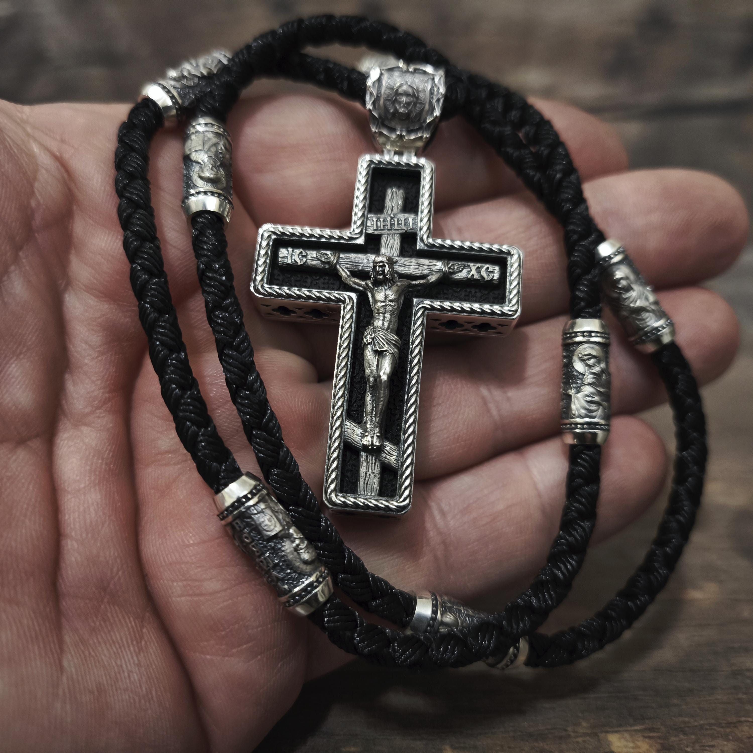 Sterling Silver Orthodox Crucifix Necklace: Jesus Cross Pendant, Ebony Wood