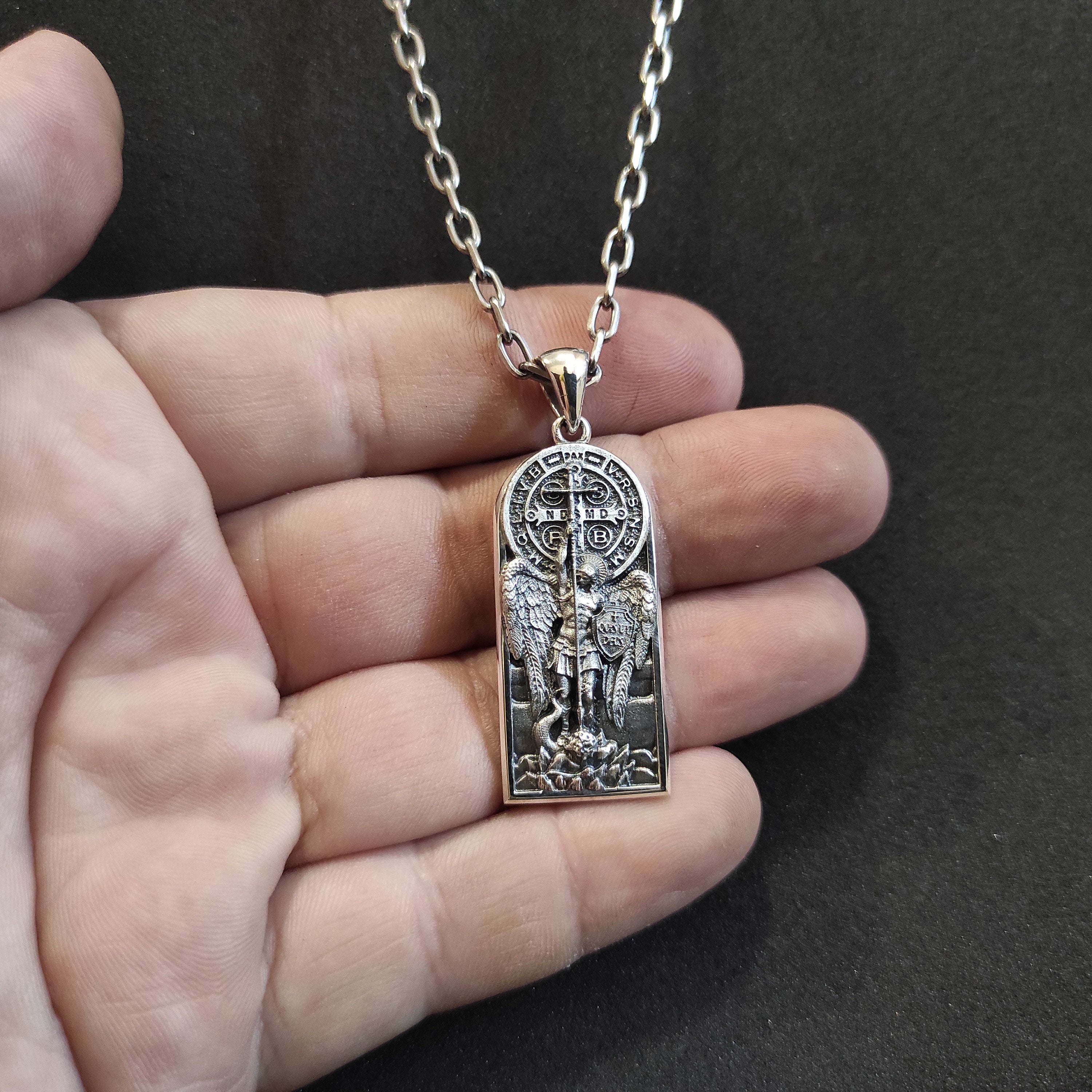 Sterling Silver Archangel Saint Michael Necklace: Handmade St. Benedict Exorcism Cross