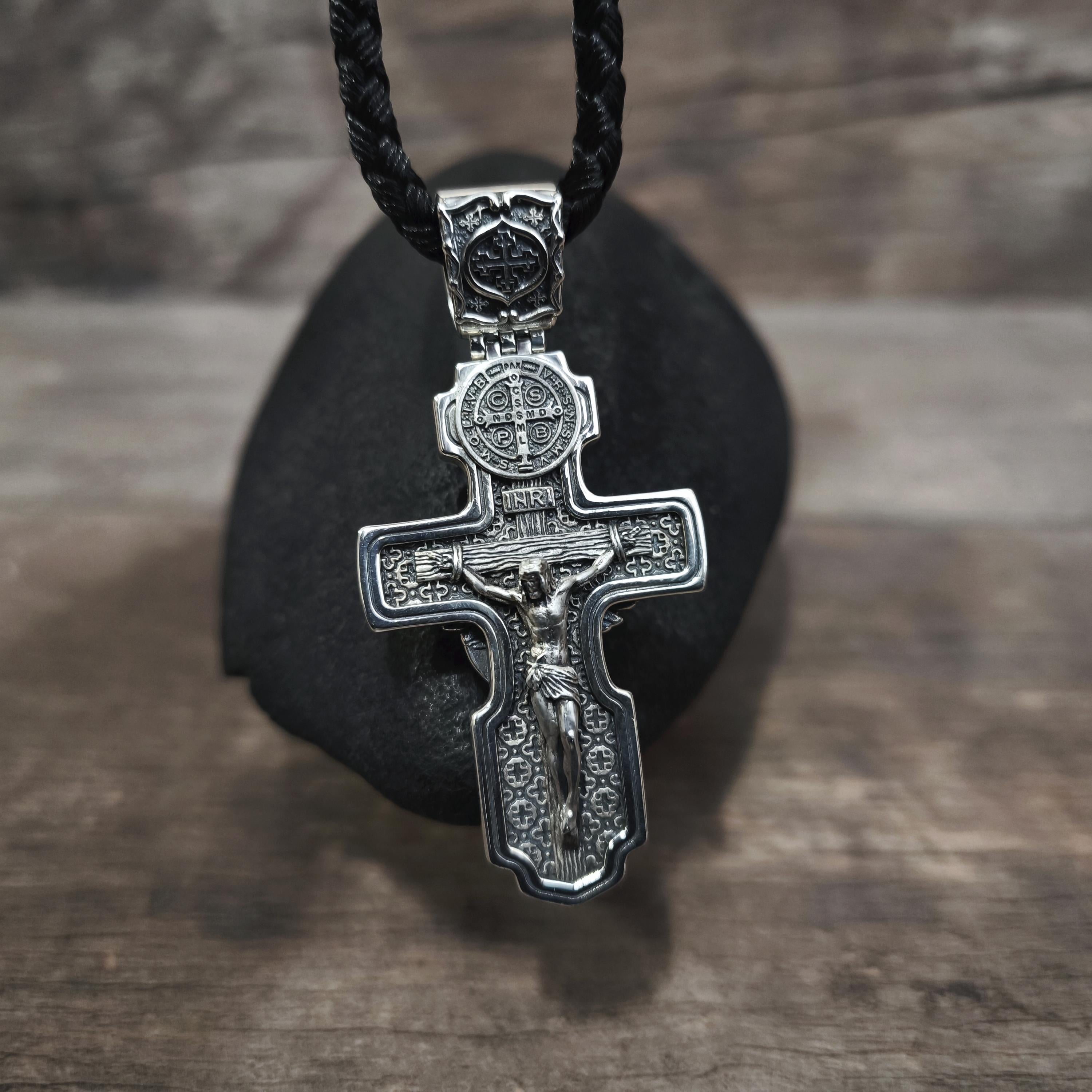 Personalized Jesus Cross Saint Benedict Crucifix Necklace Archangel Saint Michael : Sterling Silver