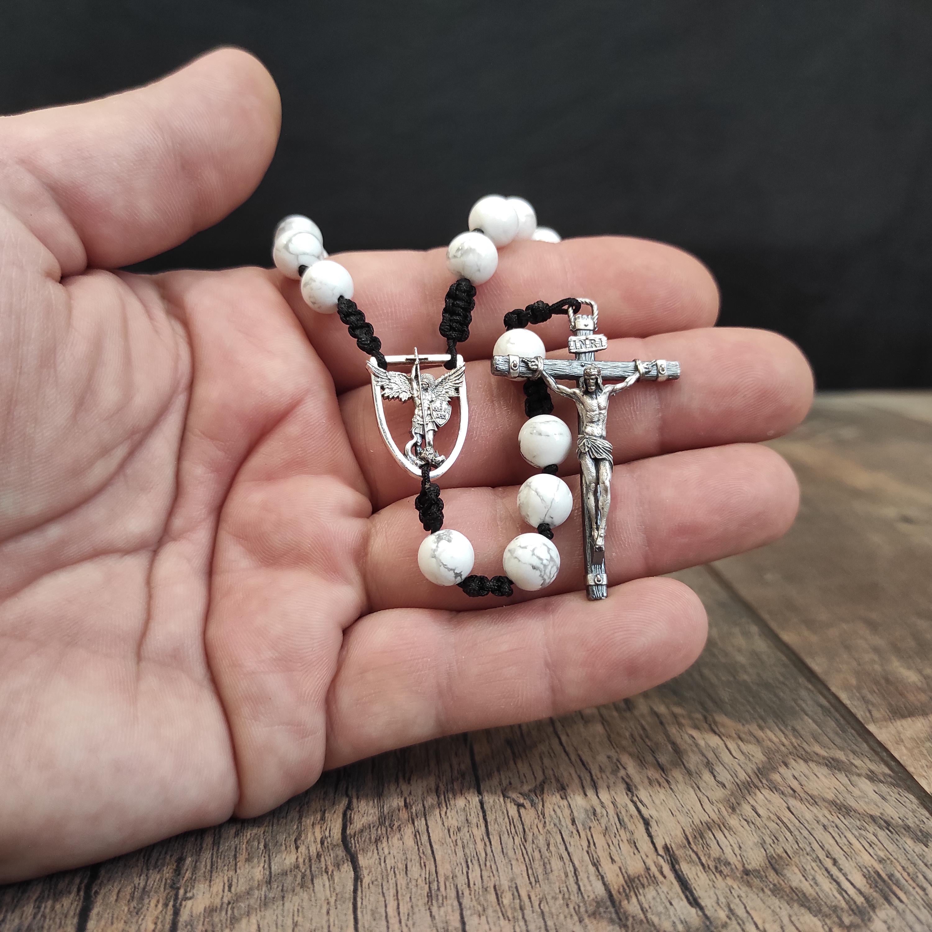 Sterling Silver St. Michael Rosary: White Howlite Beads, Catholic Gift