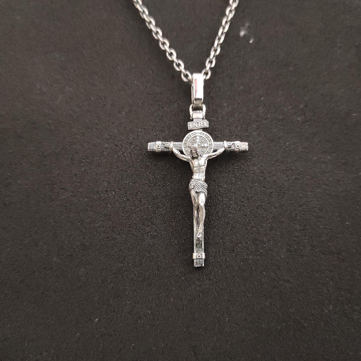 Handmade Saint Benedict Silver Crucifix Necklace: Religious Gift