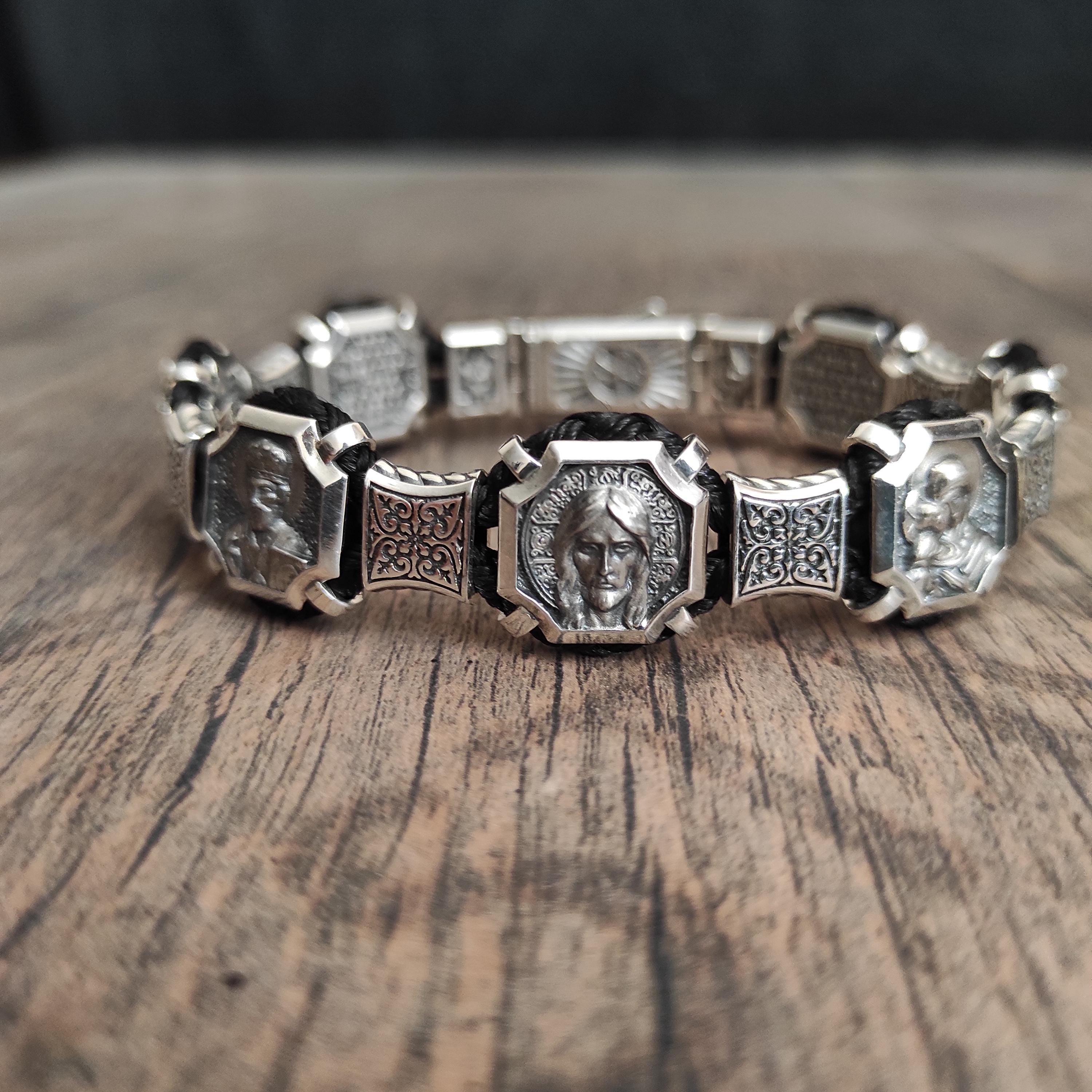 Silver Orthodox Christian Bracelet with Saints and Our Father Prayer