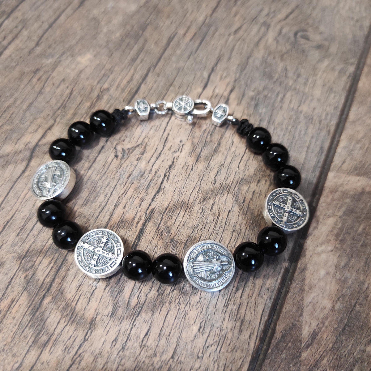 Handmade Saint Benedict Silver Bracelet: Agate Stone, Religious Gift