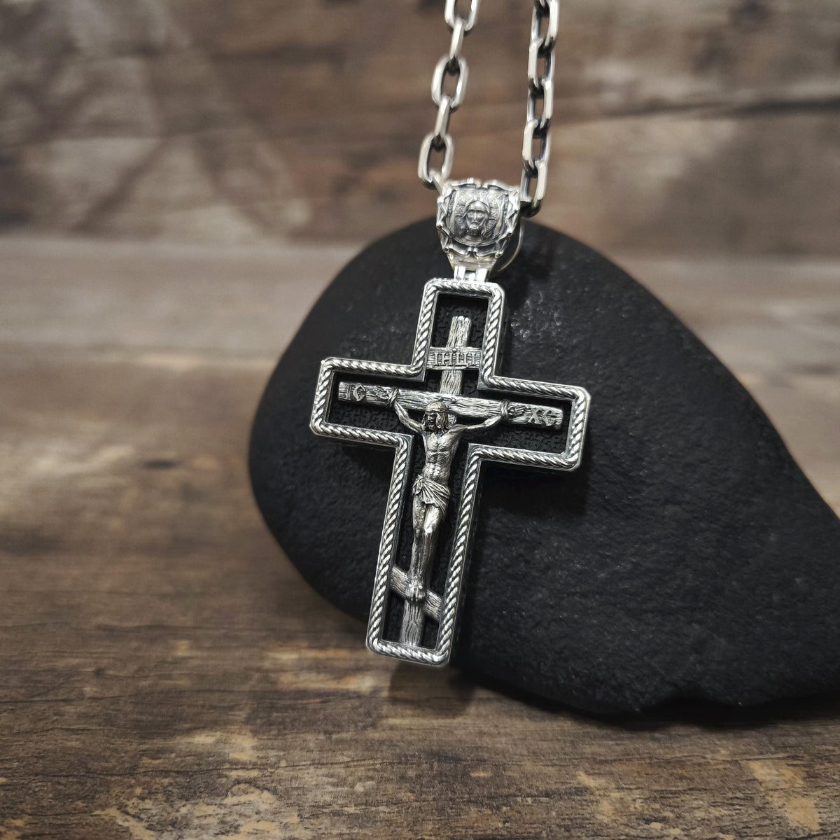 Sterling Silver Orthodox Crucifix Necklace Archangel Saint Michael & Ebony Wood - Religious Pendant