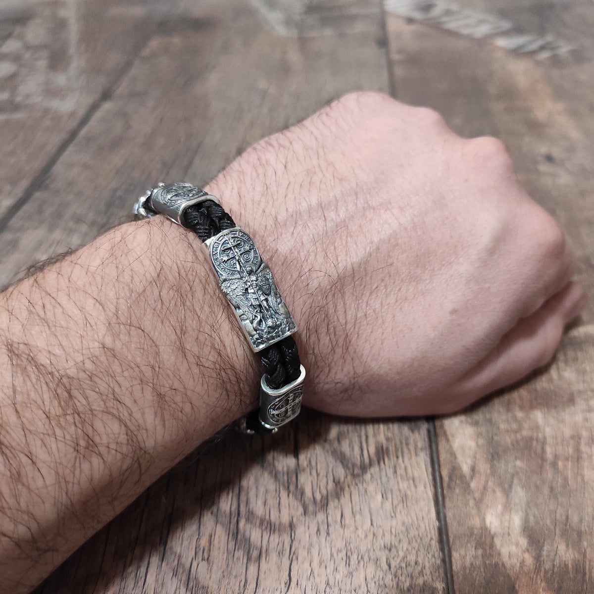 Silver Archangel Saint Michael Bracelet: St. Benedict Exorcism Cross Medal