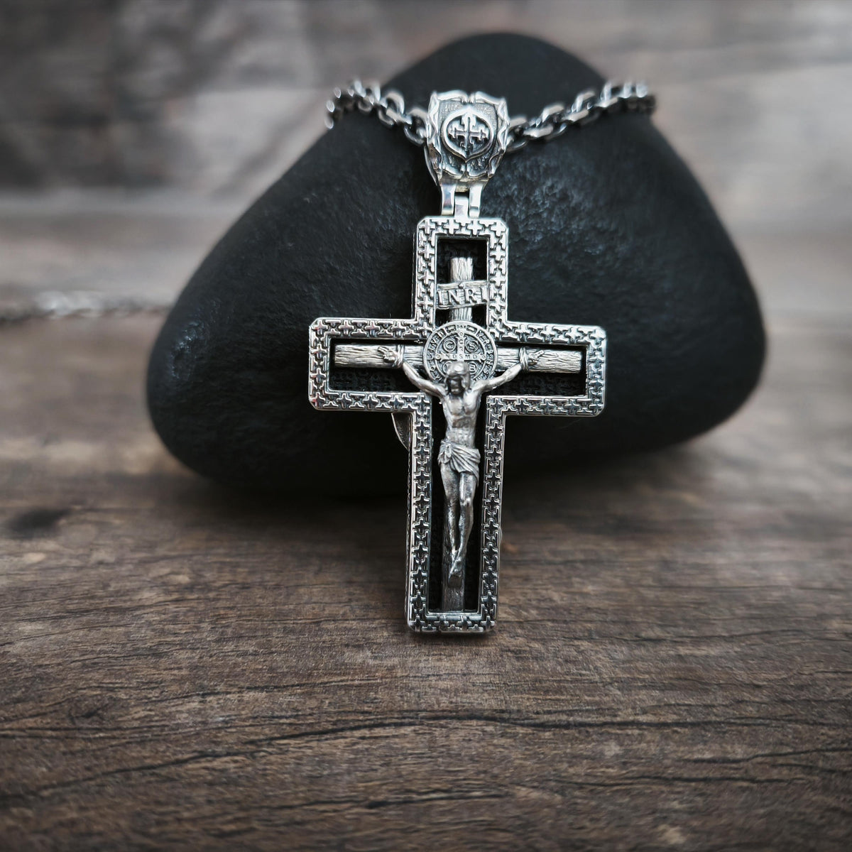 Personalized Saint Benedict Crucifix Necklace Archangel Saint Michael : Sterling Silver & Ebony Wood