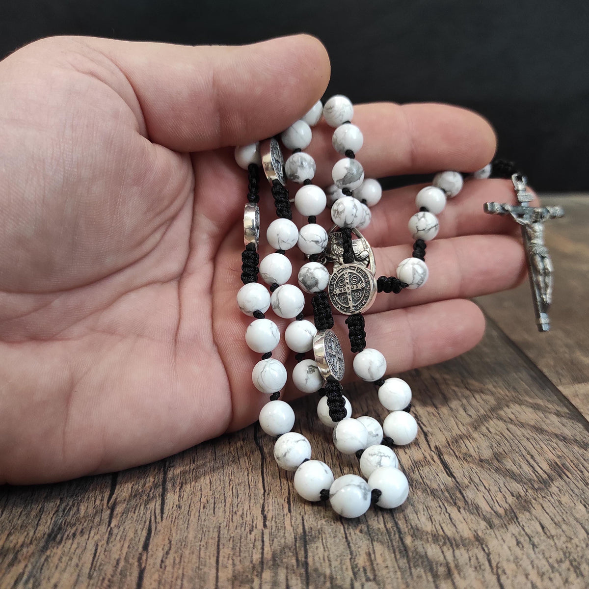 Sterling Silver Saint Benedict Rosary: White Howlite Beads, Catholic Exorcism Pendant
