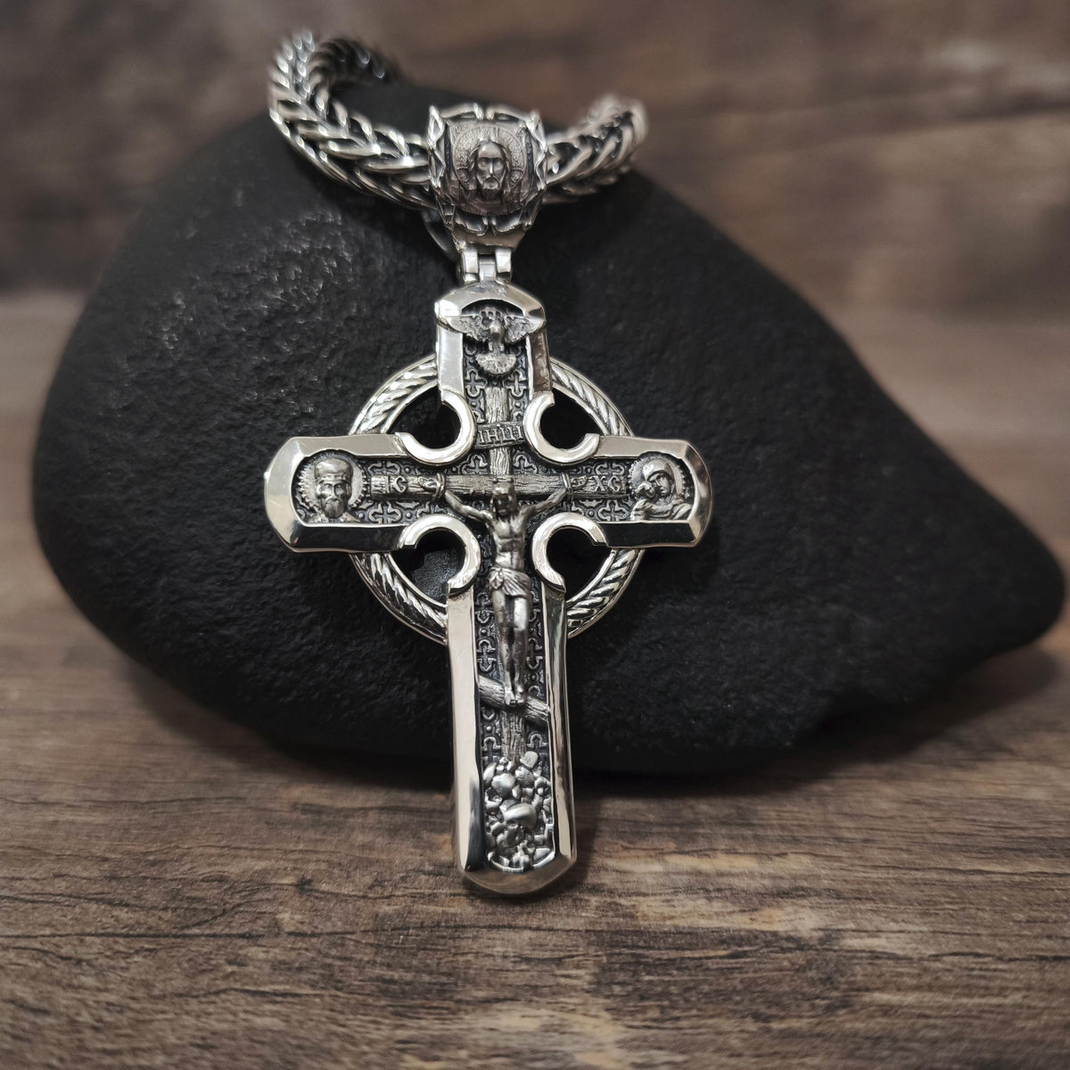 Sterling Silver Orthodox Crucifix Jesus Cross Necklace Archangel Saint Michael - Religious Pendant