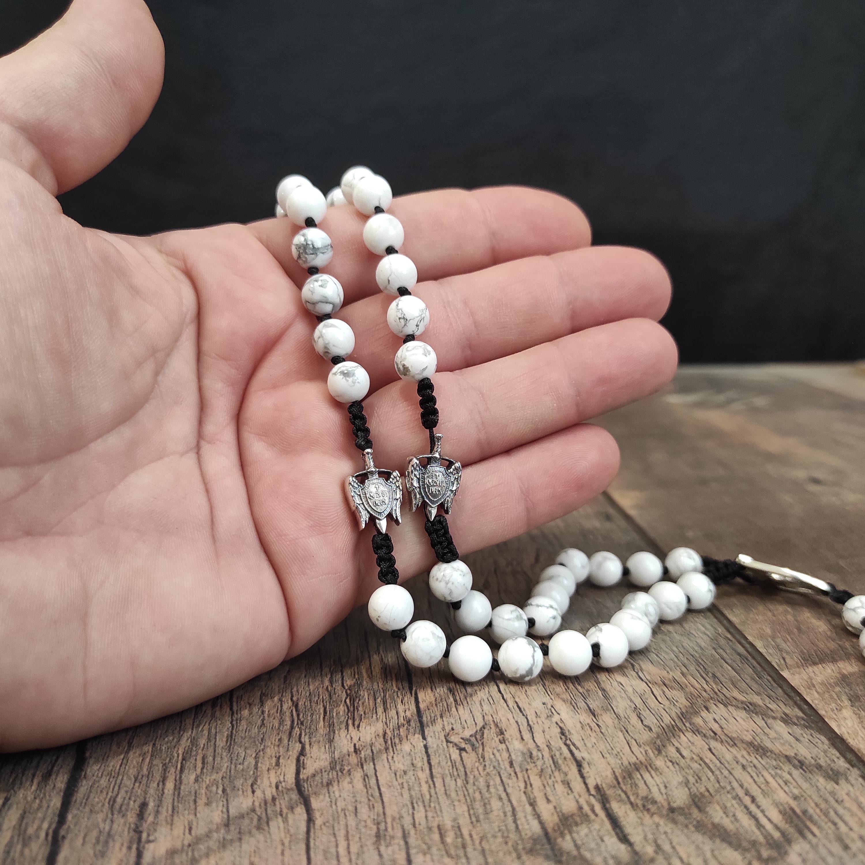 Sterling Silver St. Michael Rosary: White Howlite Beads, Catholic Gift
