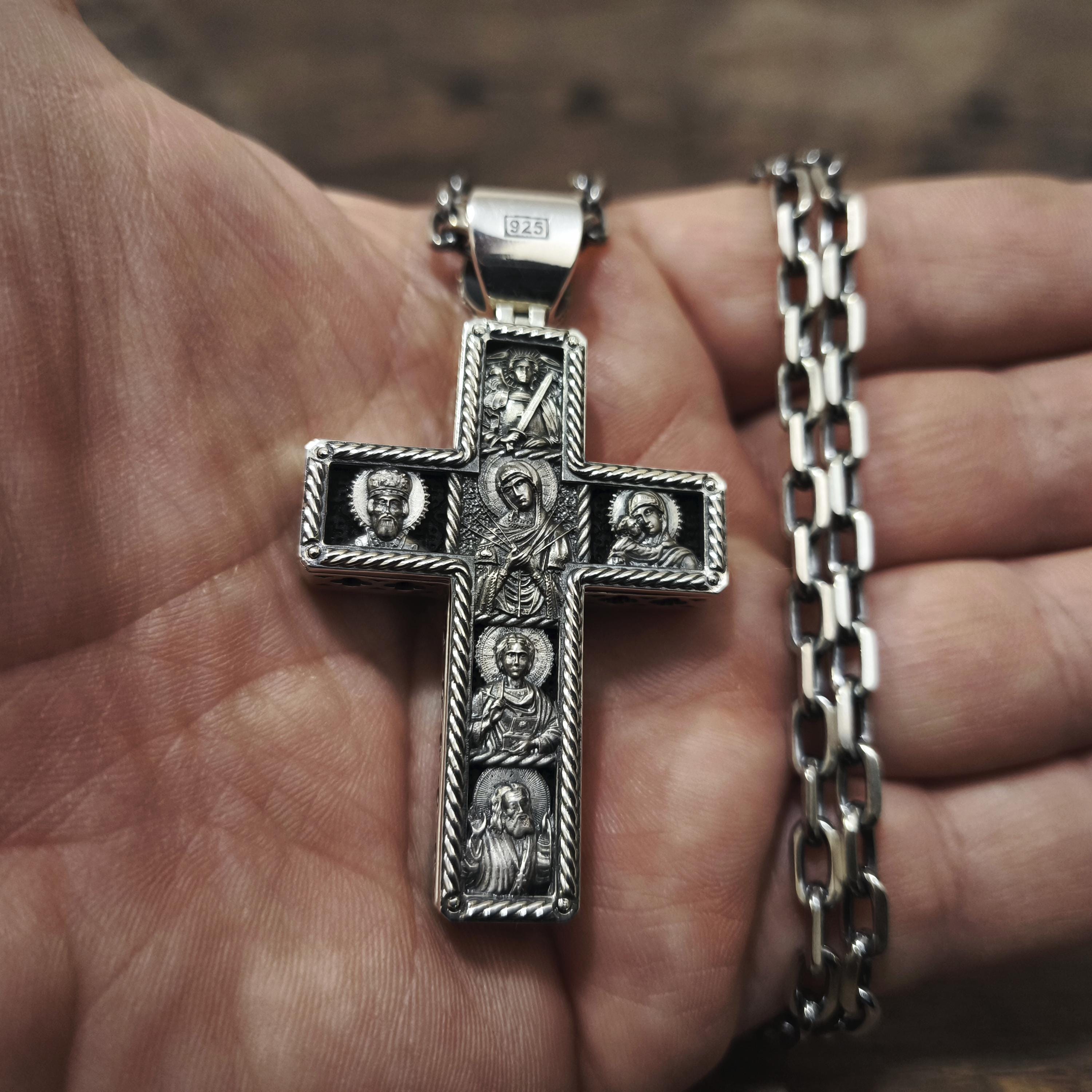 Sterling Silver Orthodox Crucifix Necklace Archangel Saint Michael & Ebony Wood - Religious Pendant