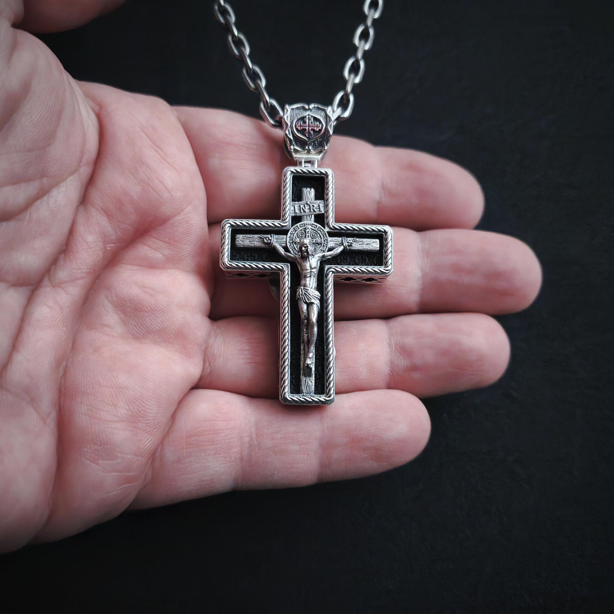 Personalized Saint Benedict Crucifix Necklace Archangel Saint Michael : Sterling Silver & Ebony Wood