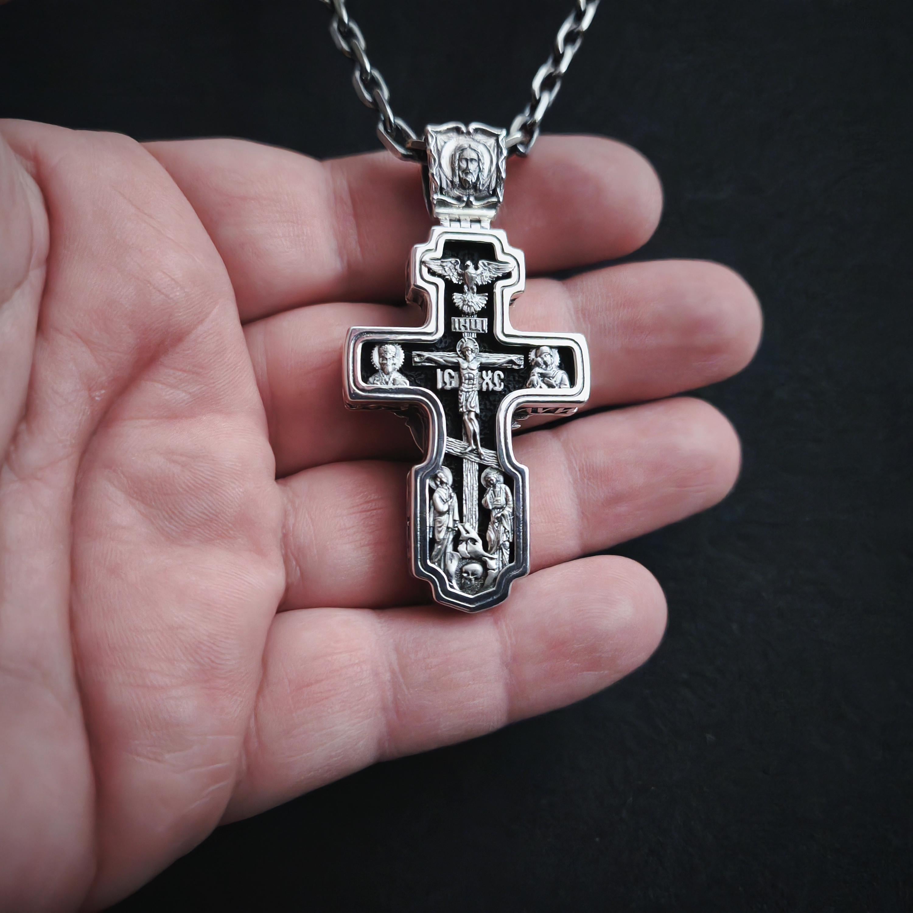 Sterling Silver Orthodox Crucifix Necklace Archangel Saint Michael & Ebony Wood - Religious Pendant