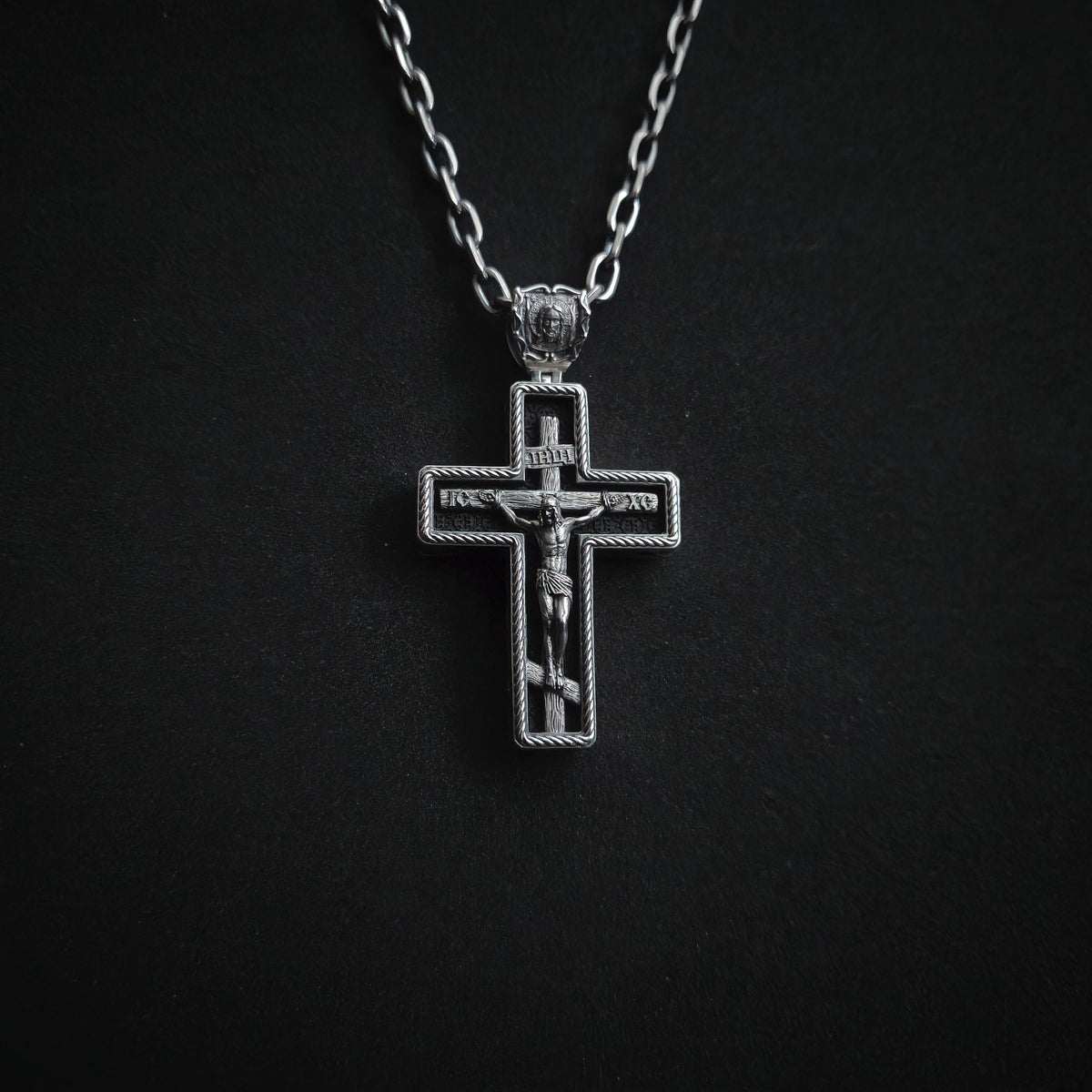 Sterling Silver Orthodox Crucifix Necklace Archangel Saint Michael & Ebony Wood - Religious Pendant