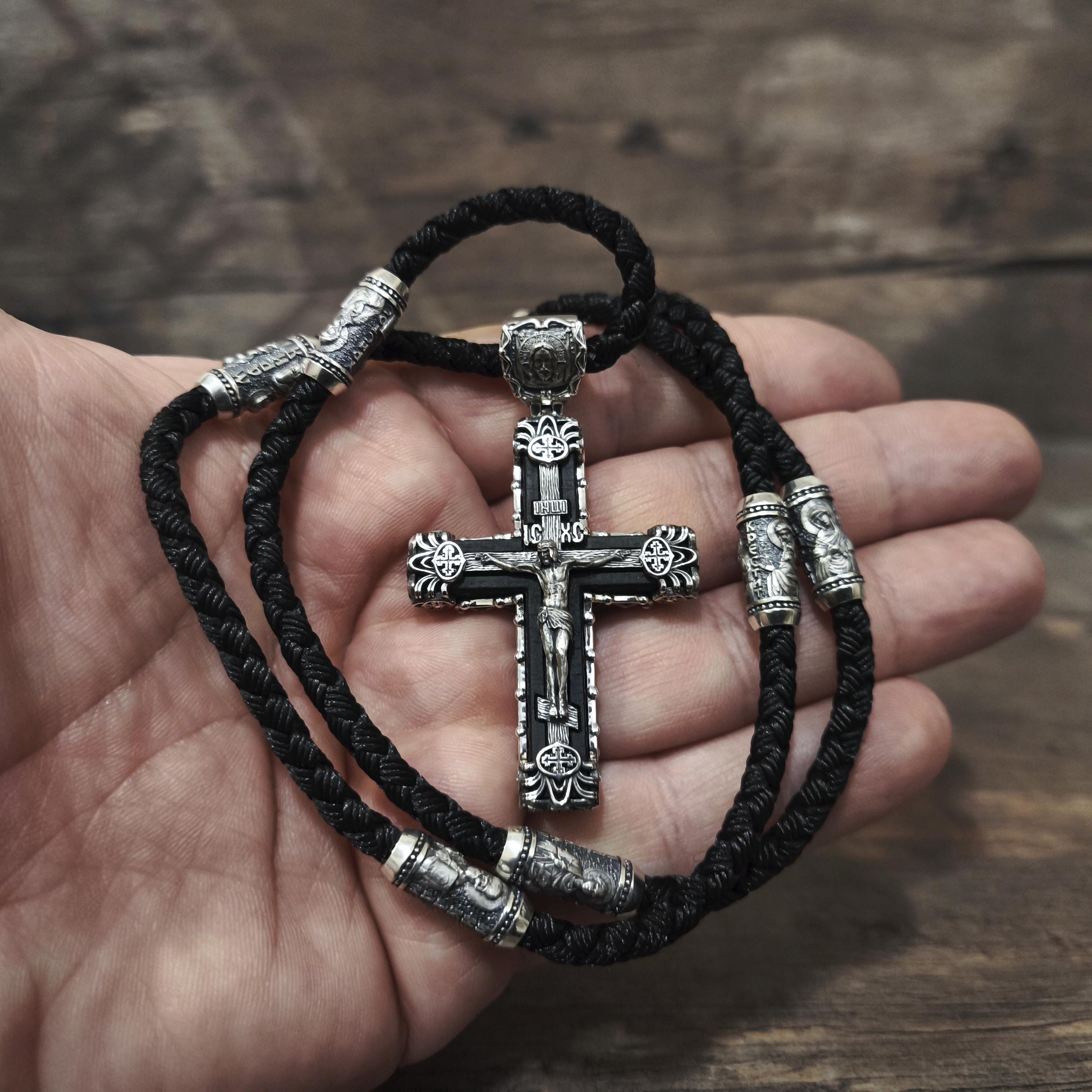 Sterling Silver Orthodox Crucifix Necklace & Ebony Wood - Religious Pendant