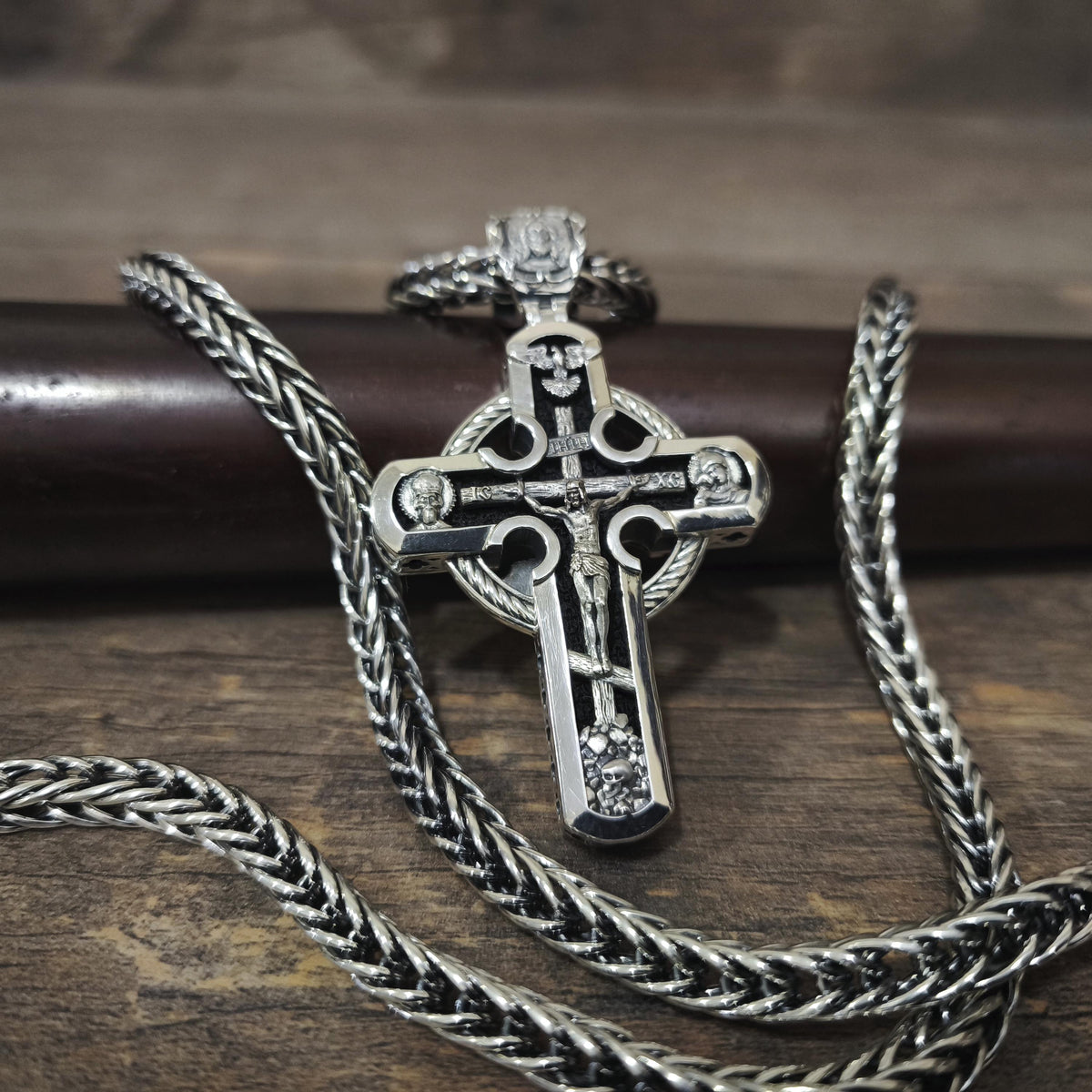 Sterling Silver Orthodox Cross Necklace - Archangel Michael, Ebony Wood