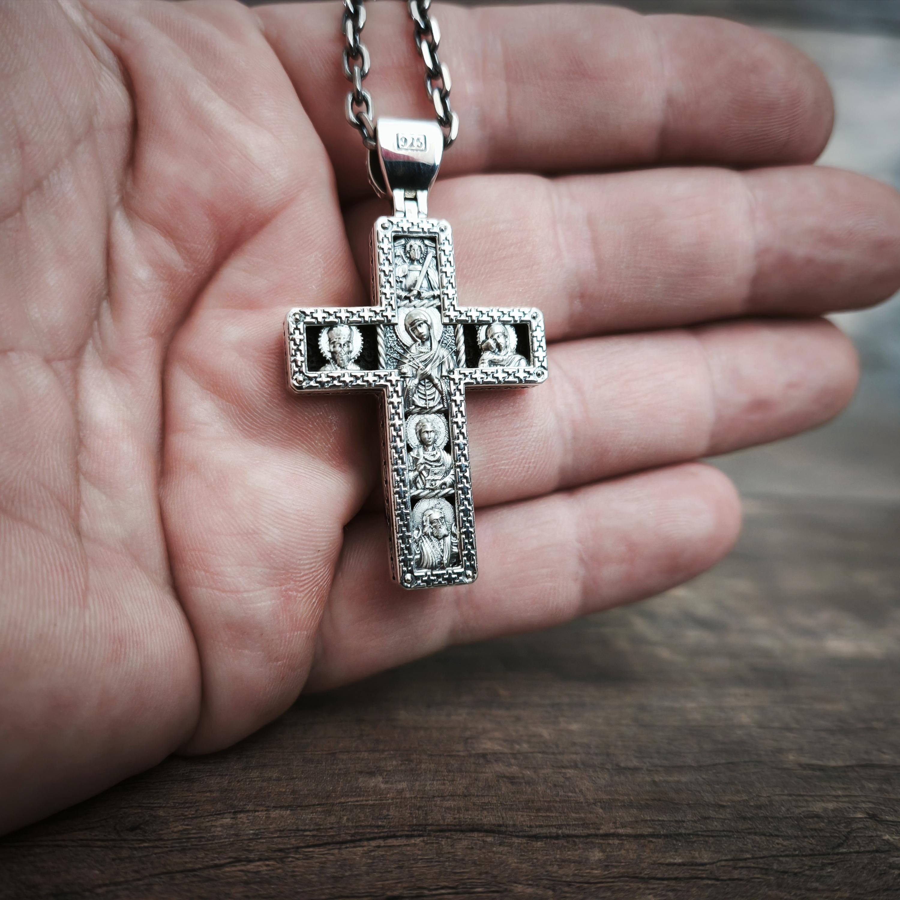 Sterling Silver Orthodox Crucifix Necklace Archangel Saint Michael & Ebony Wood - Religious Pendant