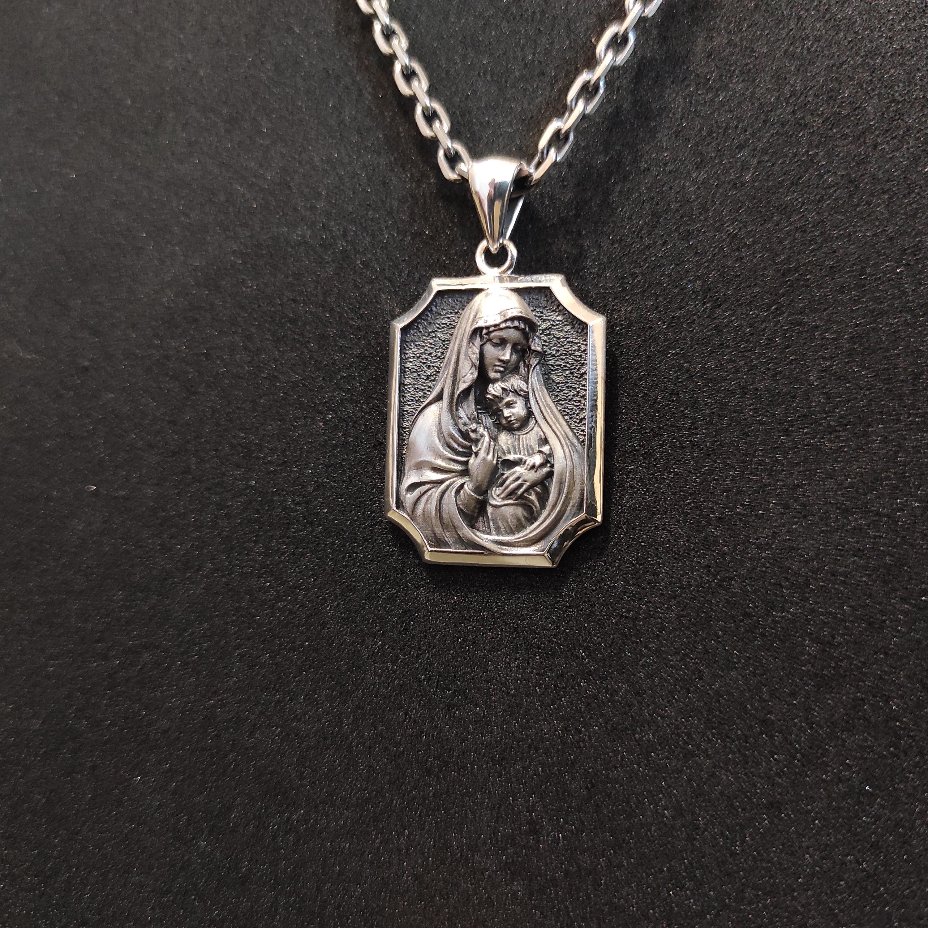 Sterling Silver Miraculous Medal Necklace: Virgin Mary & Baby Jesus