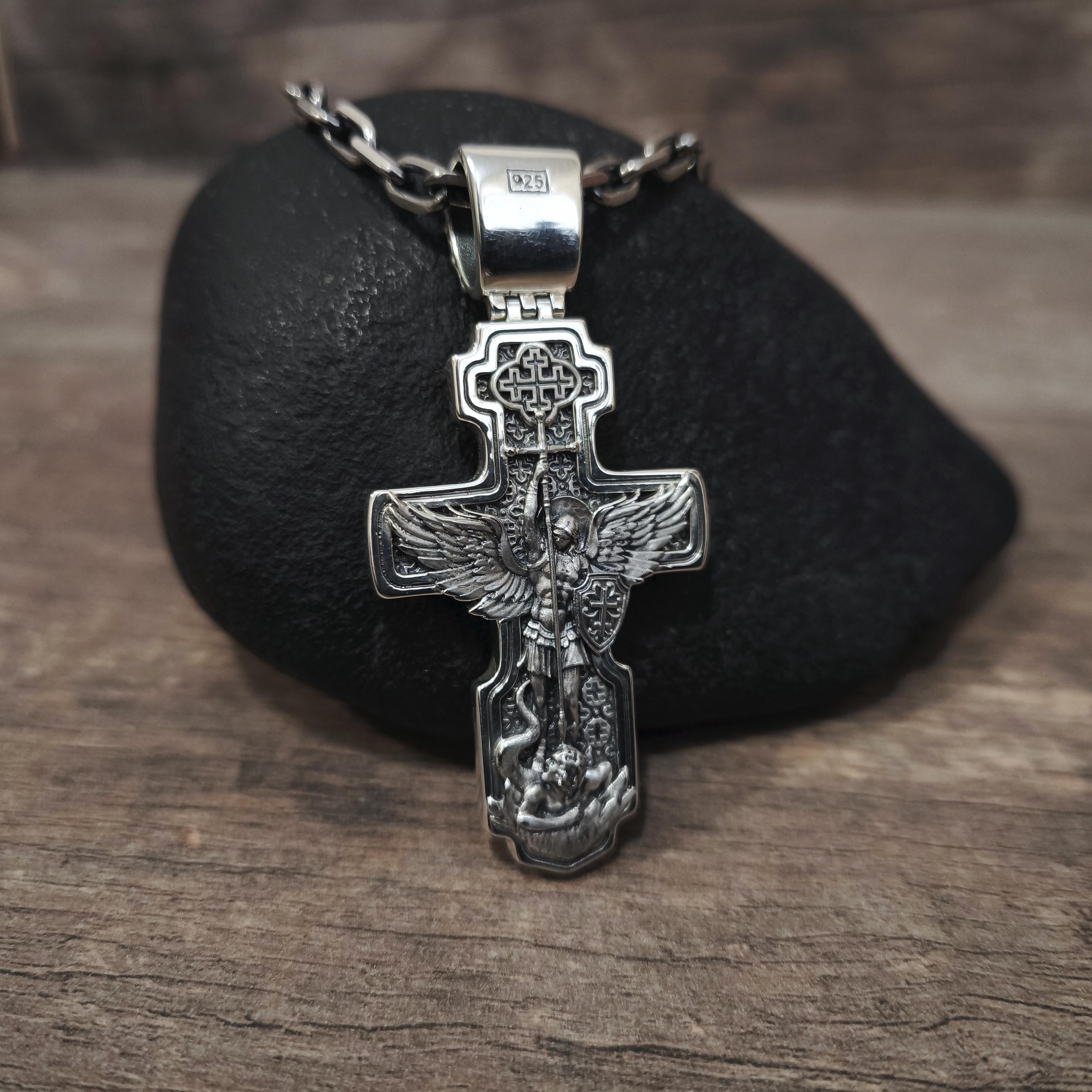 Sterling Silver Orthodox Crucifix Necklace Archangel Saint Michael - Religious Pendant