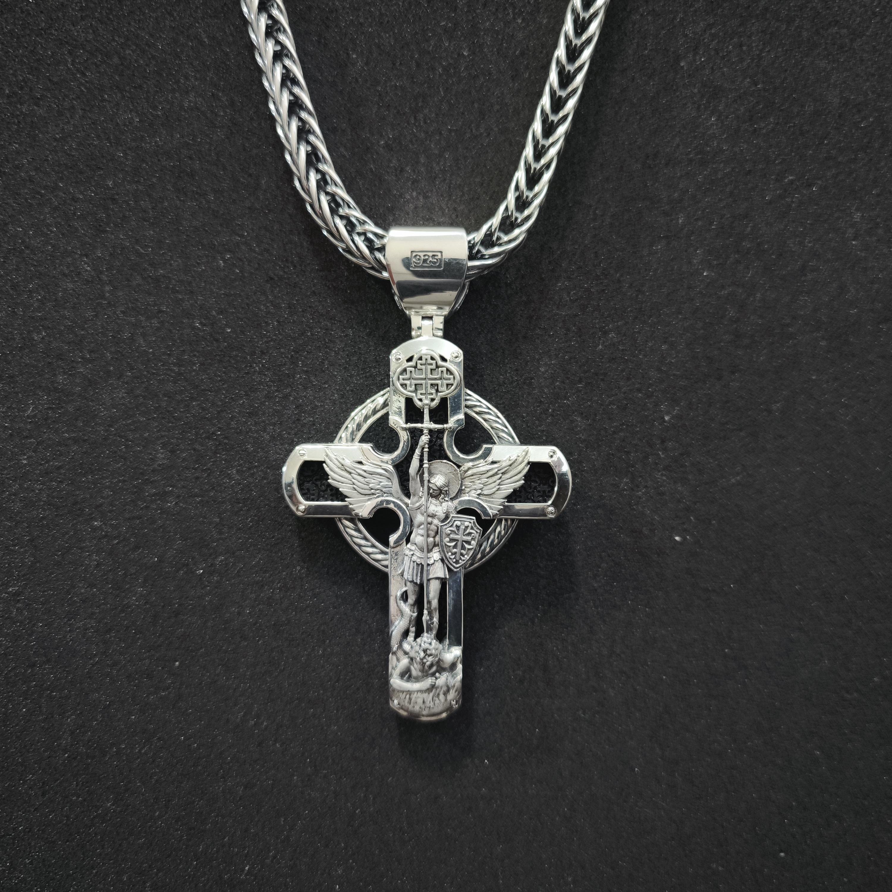 Personalized Saint Benedict Crucifix Necklace Archangel Saint Michael : Sterling Silver & Ebony Wood