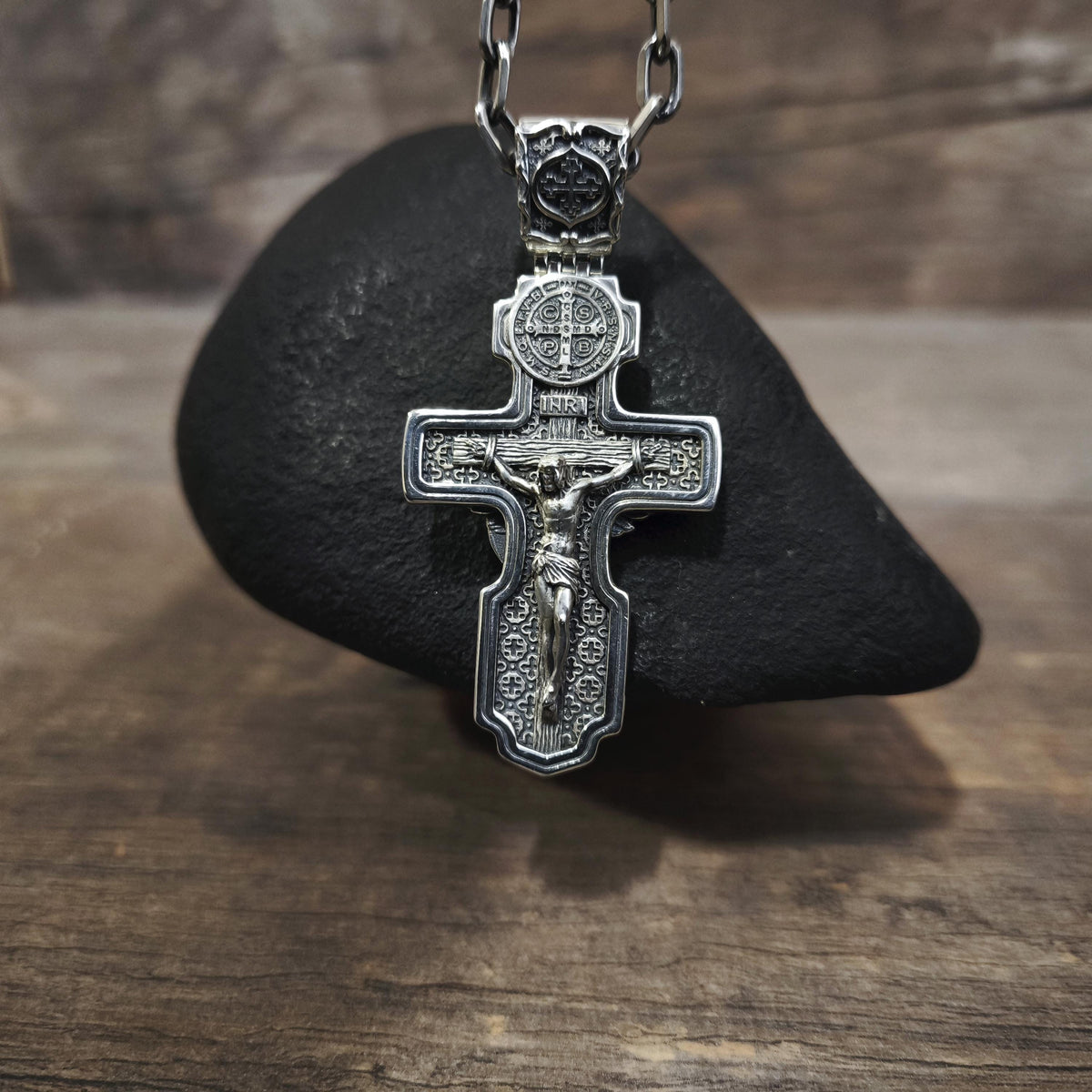 Personalized Jesus Cross Saint Benedict Crucifix Necklace Archangel Saint Michael: Sterling Silver
