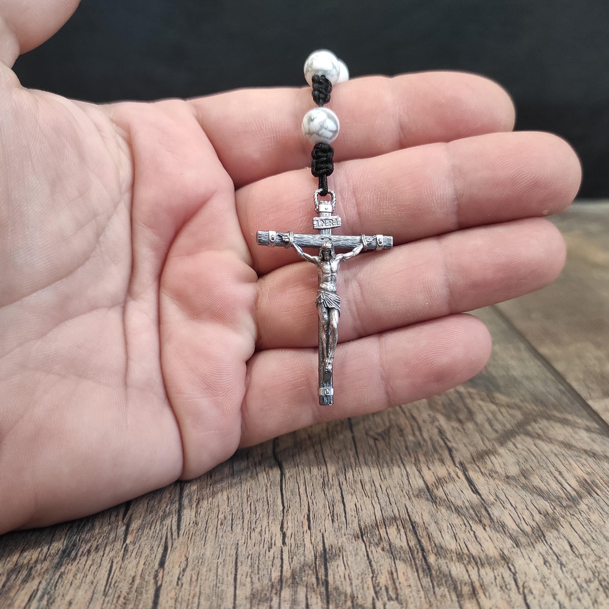 Sterling Silver Saint Benedict Rosary: White Howlite Beads, Catholic Exorcism Pendant