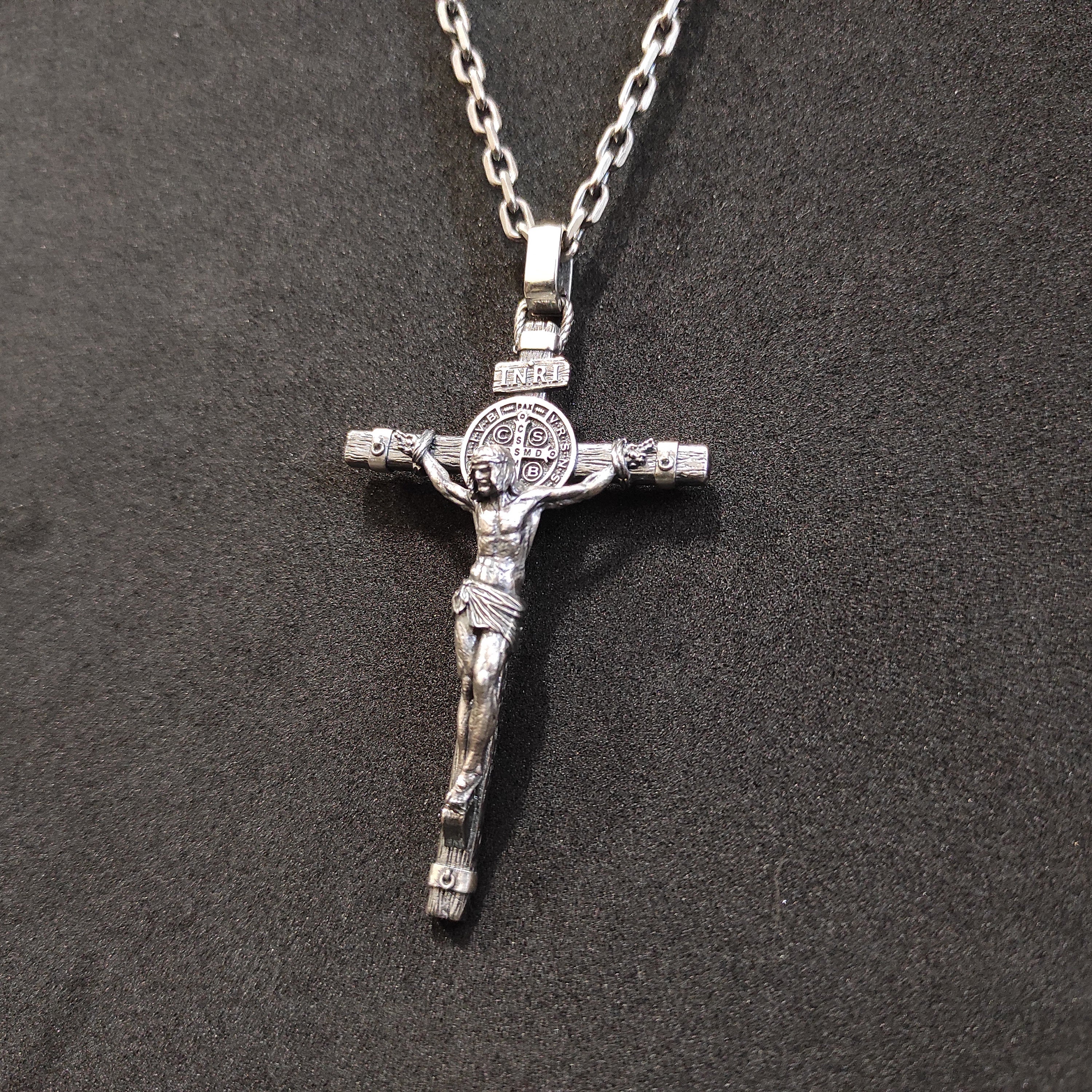 Personalized Saint Benedict Silver Crucifix Necklace: Handmade Exorcism Cross Pendant