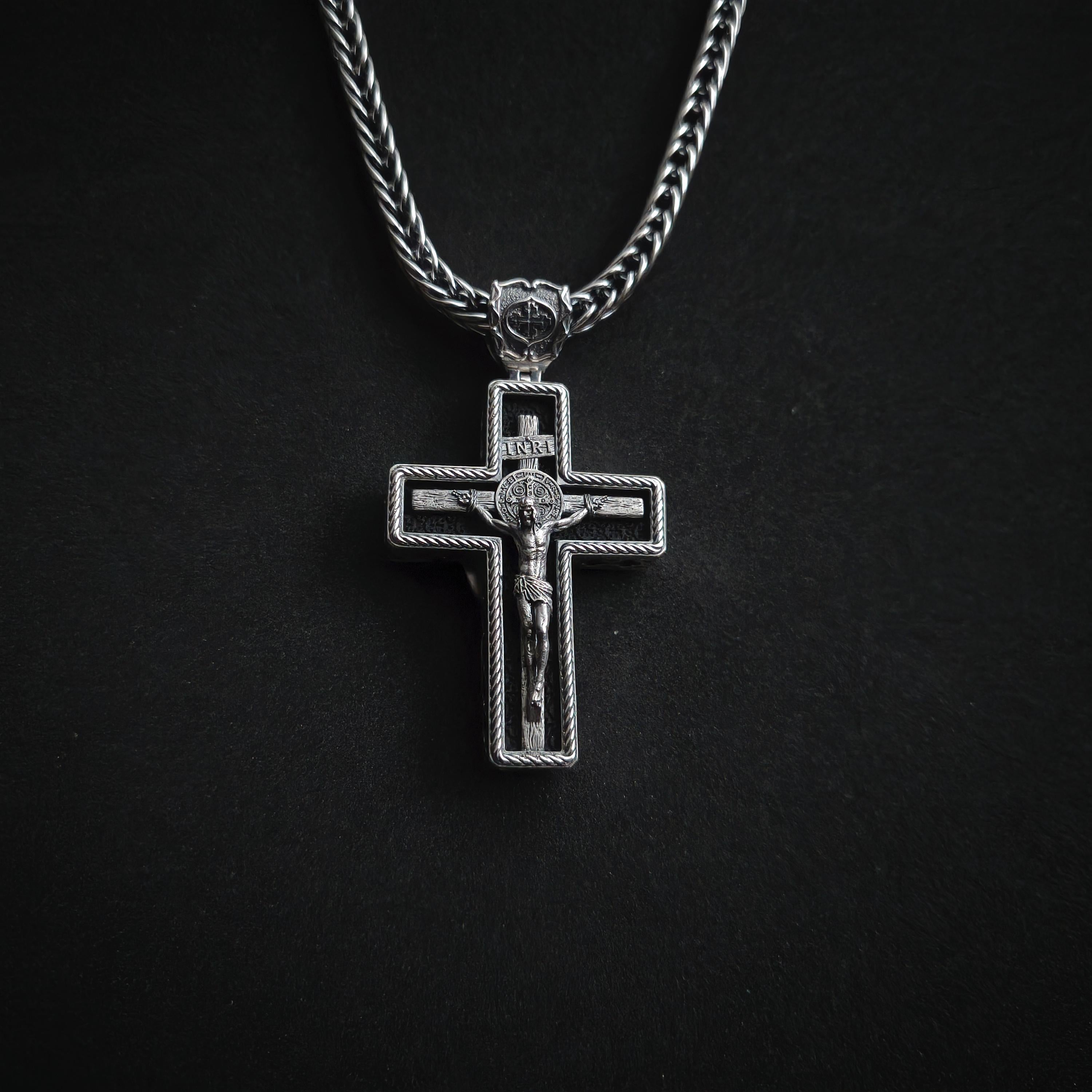 Personalized Saint Benedict Crucifix Necklace Archangel Saint Michael : Sterling Silver & Ebony Wood