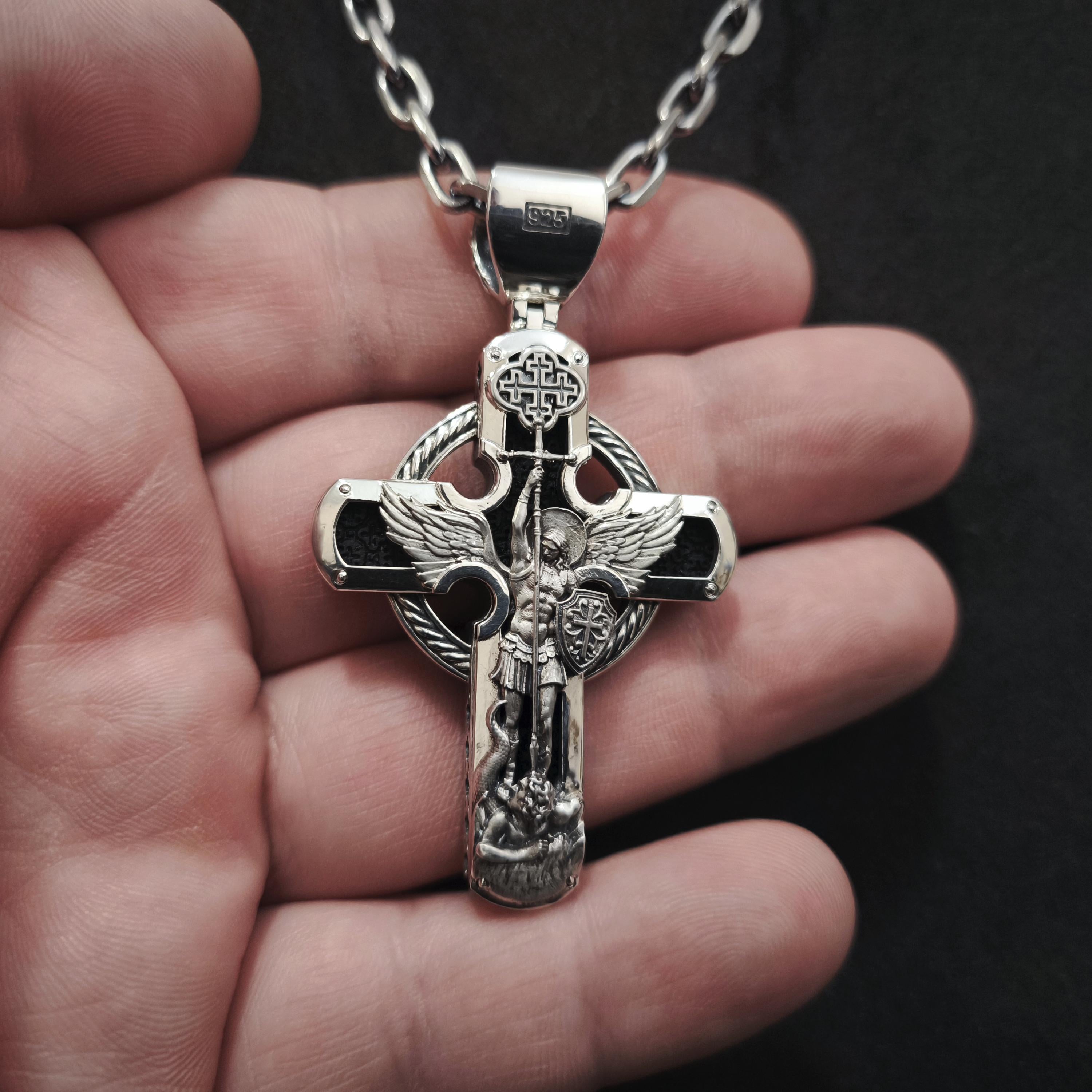 Personalized Saint Benedict Crucifix Necklace Archangel Saint Michael : Sterling Silver & Ebony Wood