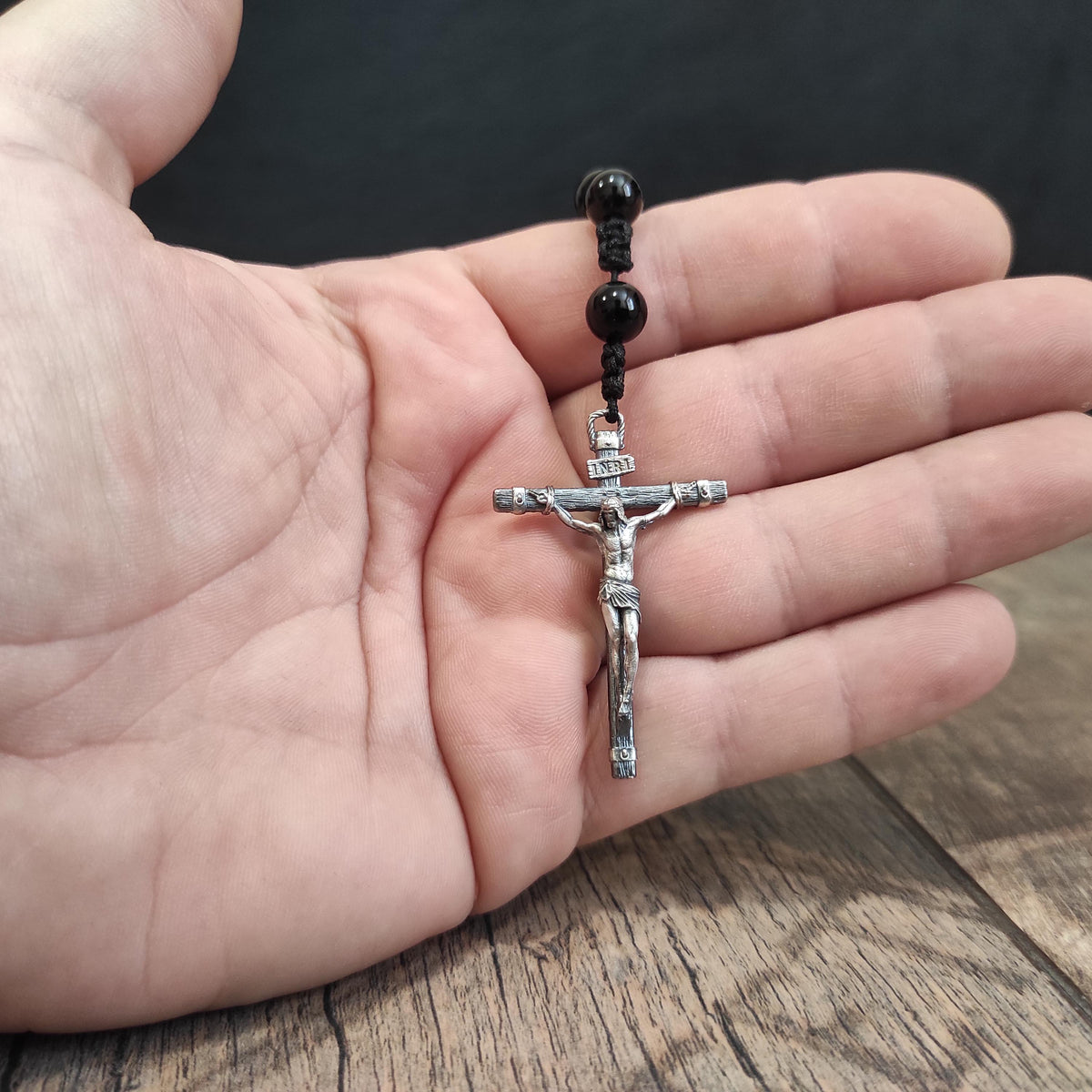 Handmade Sterling Silver Saint Benedict Rosary: Black Agate Beads