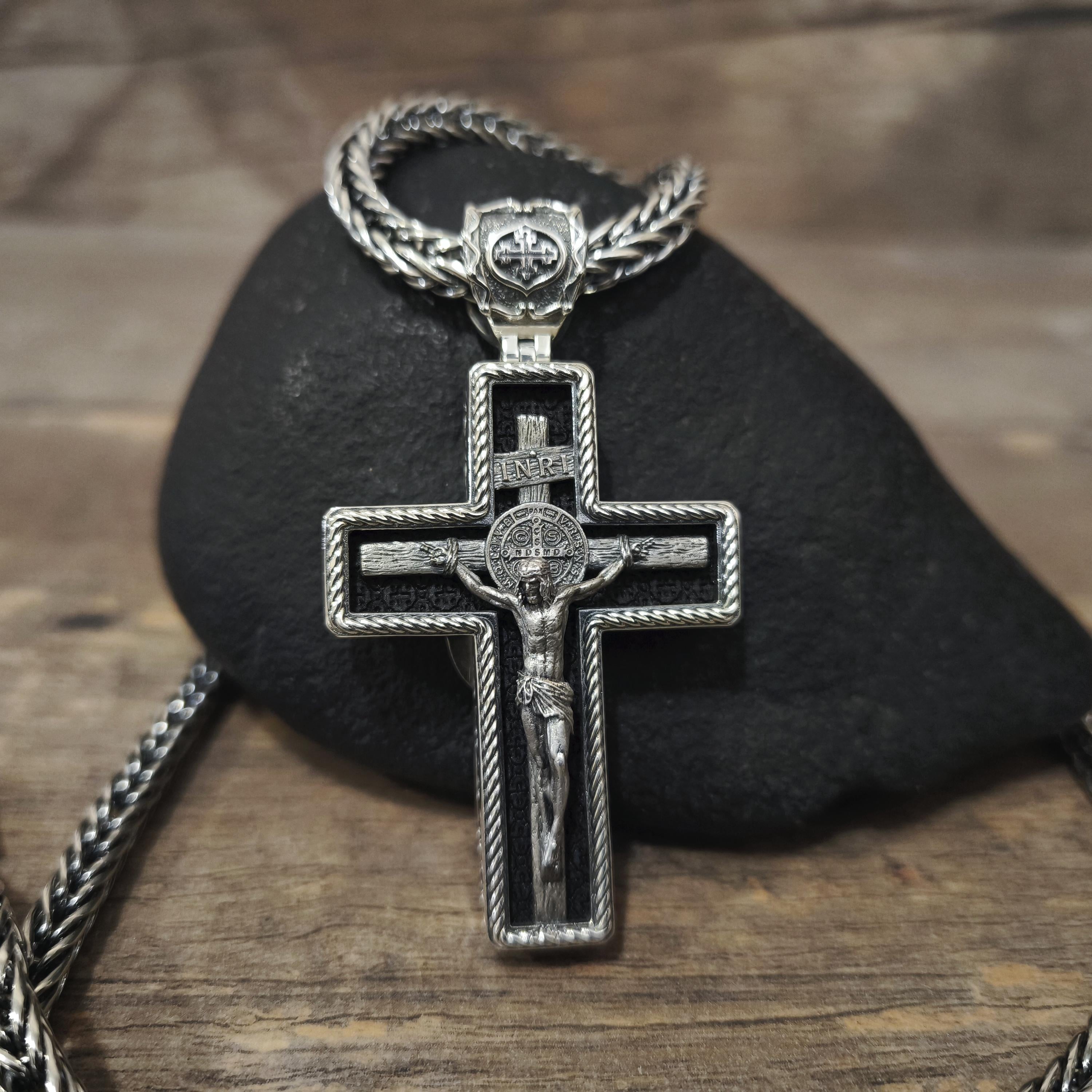Personalized Saint Benedict Crucifix Necklace Archangel Saint Michael : Sterling Silver & Ebony Wood