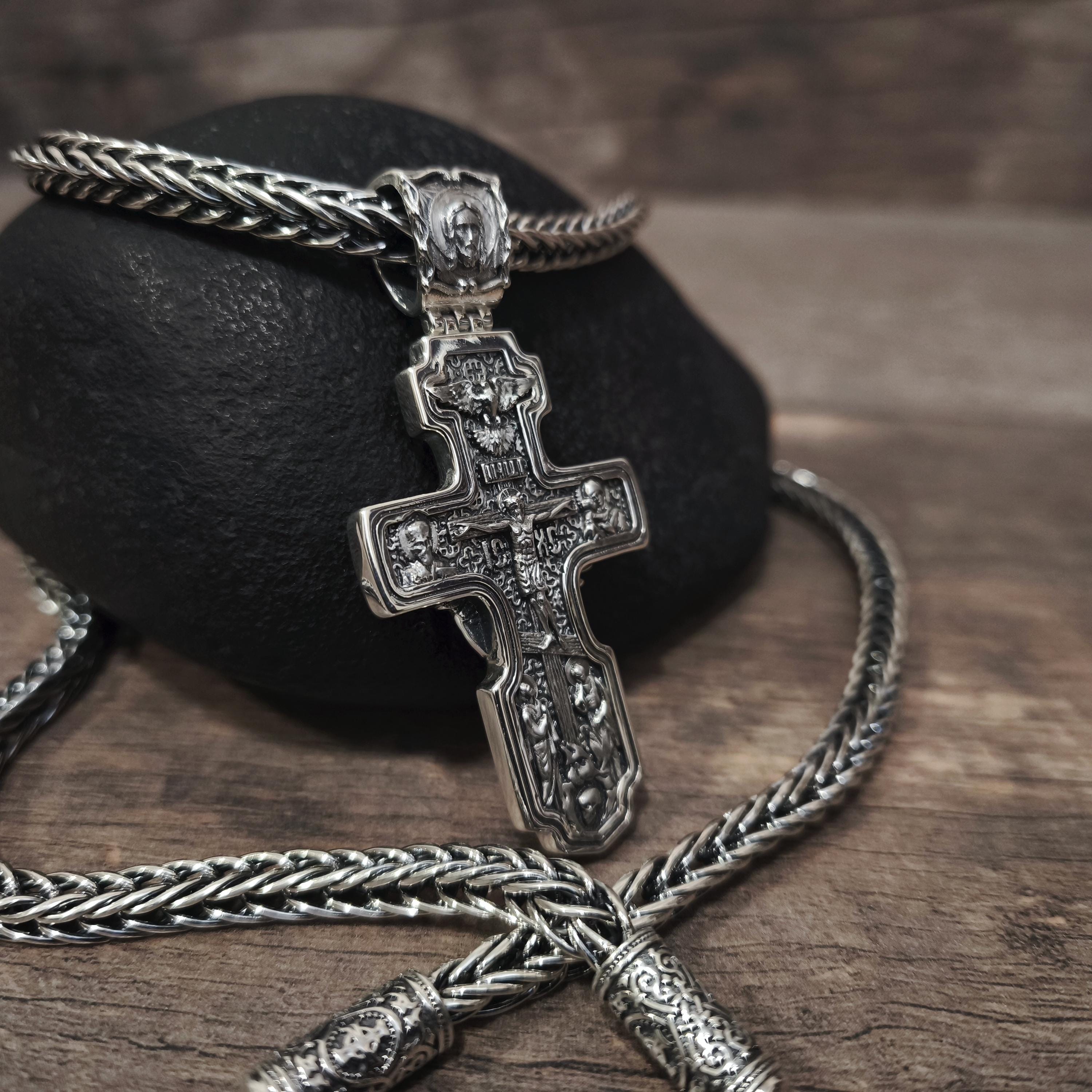 Sterling Silver Orthodox Crucifix Jesus Cross Necklace Archangel Saint Michael - Religious Pendant