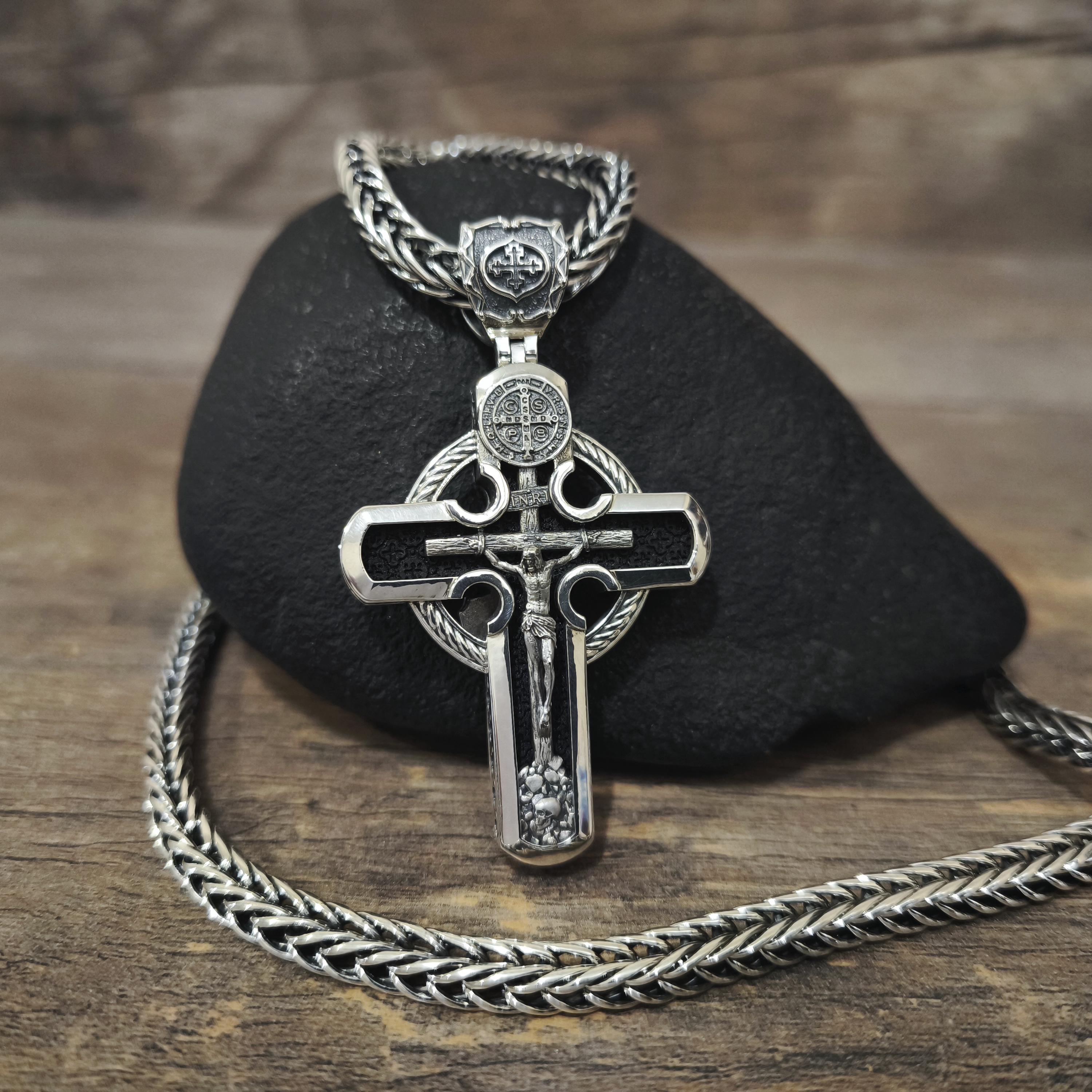 Personalized Saint Benedict Crucifix Necklace Archangel Saint Michael : Sterling Silver & Ebony Wood