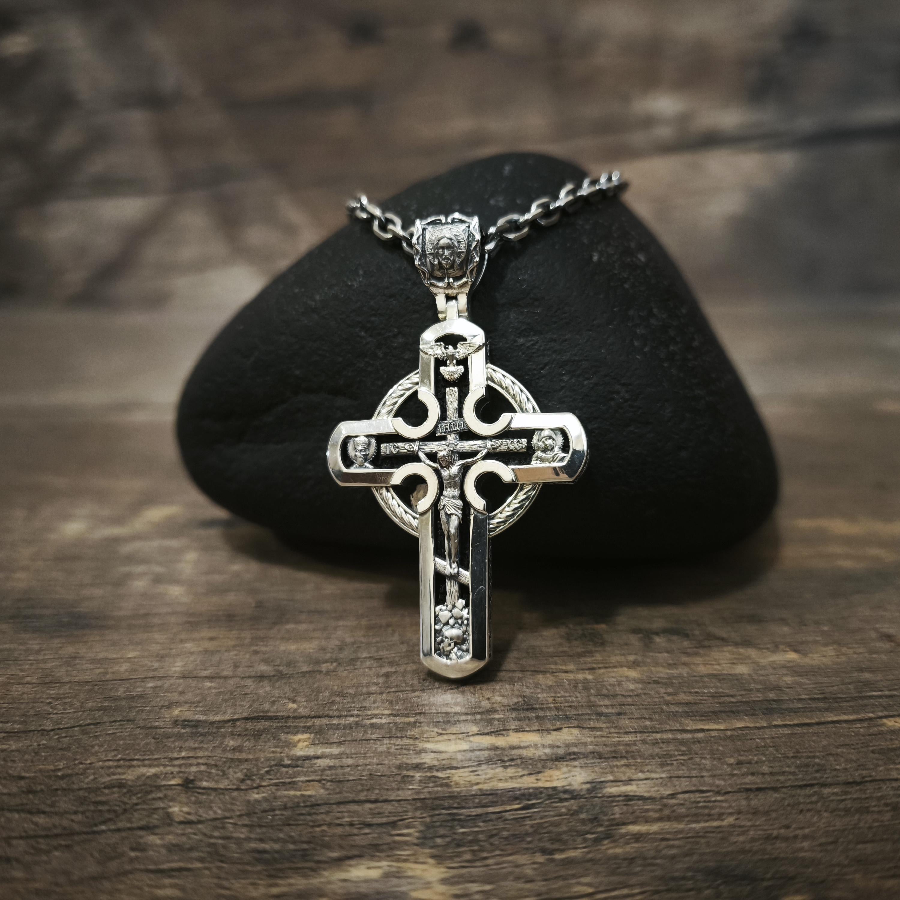 Sterling Silver Orthodox Cross Necklace - Archangel Michael, Ebony Wood