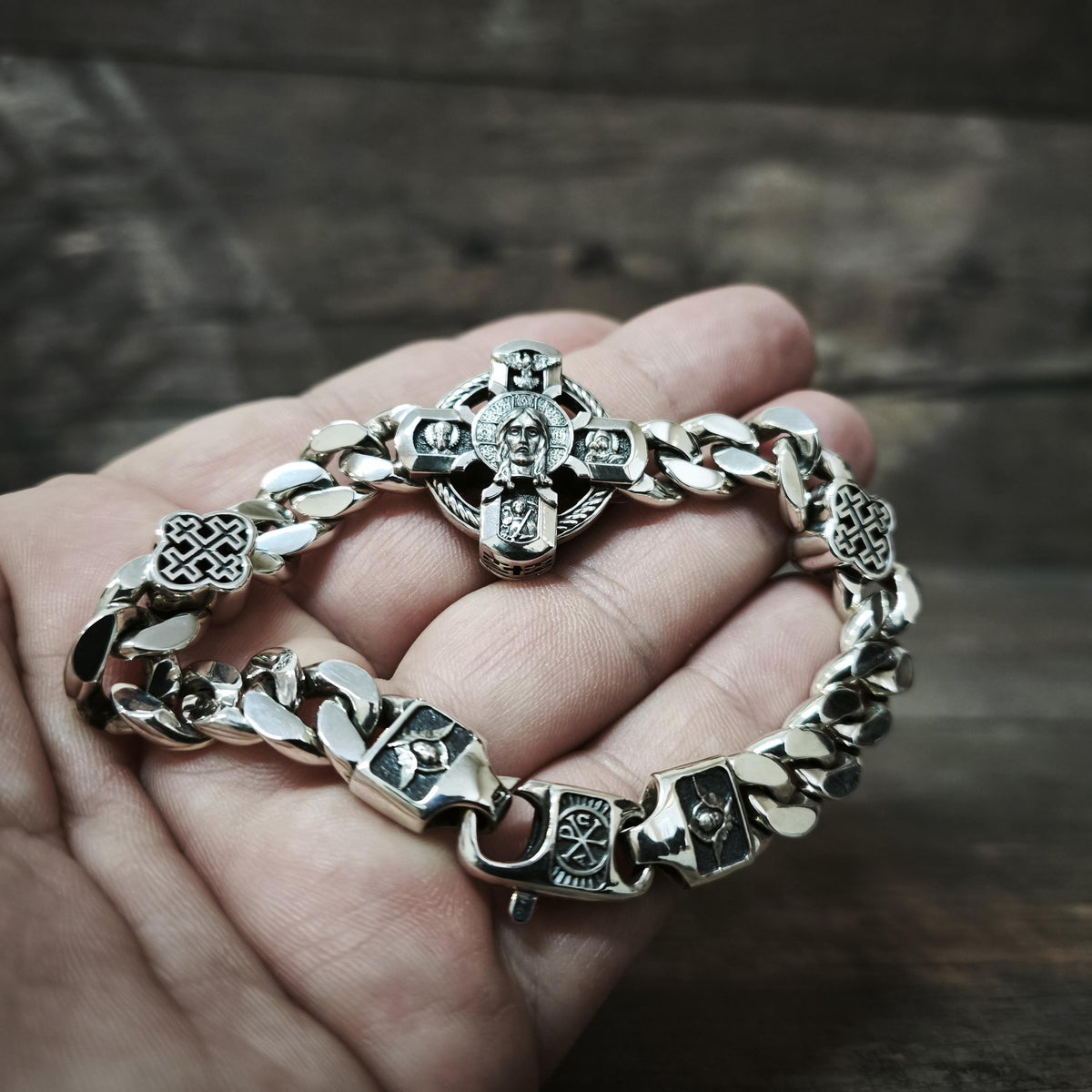 Silver Orthodox Christian Bracelet with Jesus, Archangel Michael, Nicholas the Wonderworker, the Virgin Mary