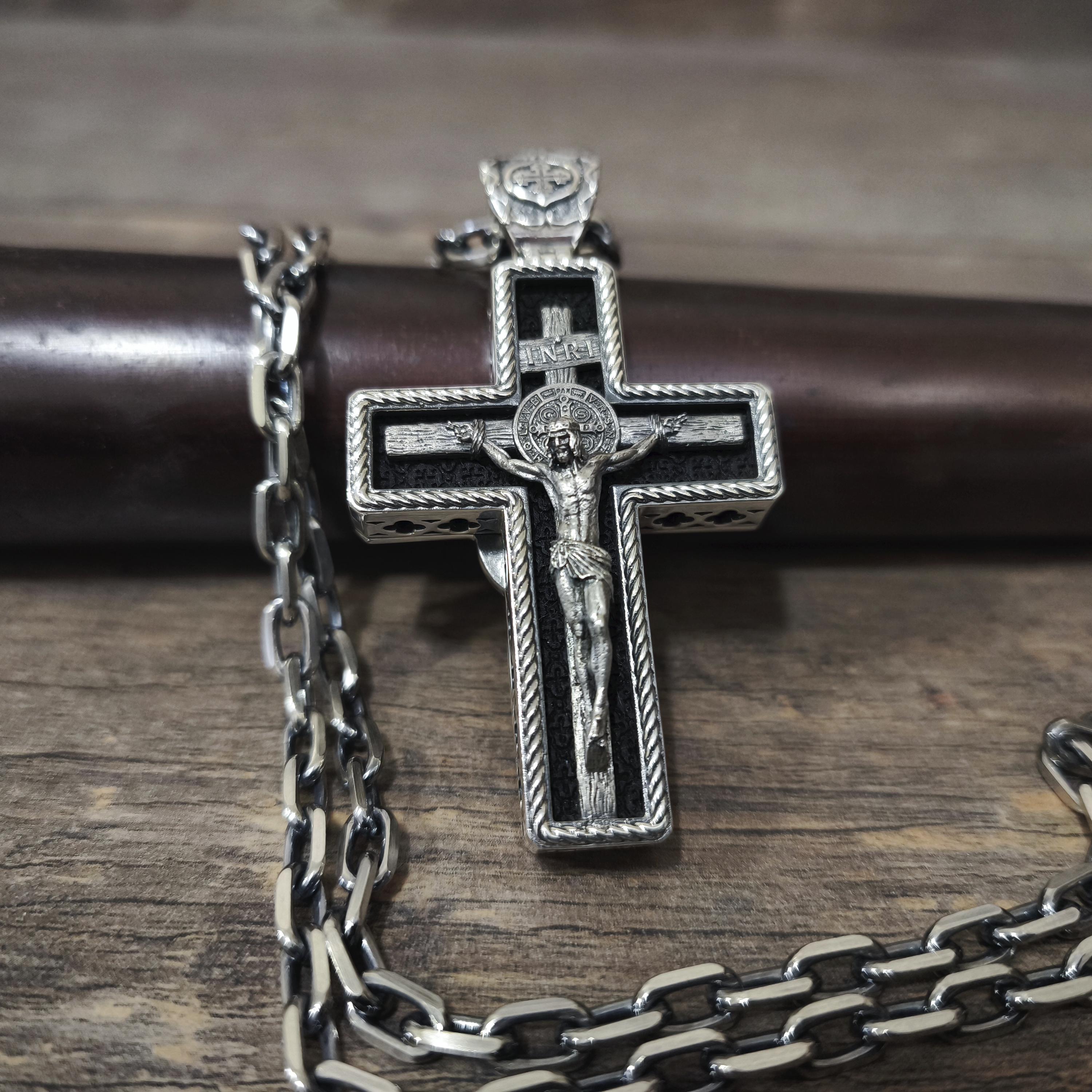 Personalized Saint Benedict Crucifix Necklace Archangel Saint Michael : Sterling Silver & Ebony Wood