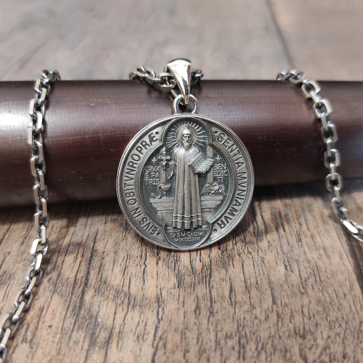Handmade Sterling Silver St. Benedict Locket Necklace - Religious Christian Gift