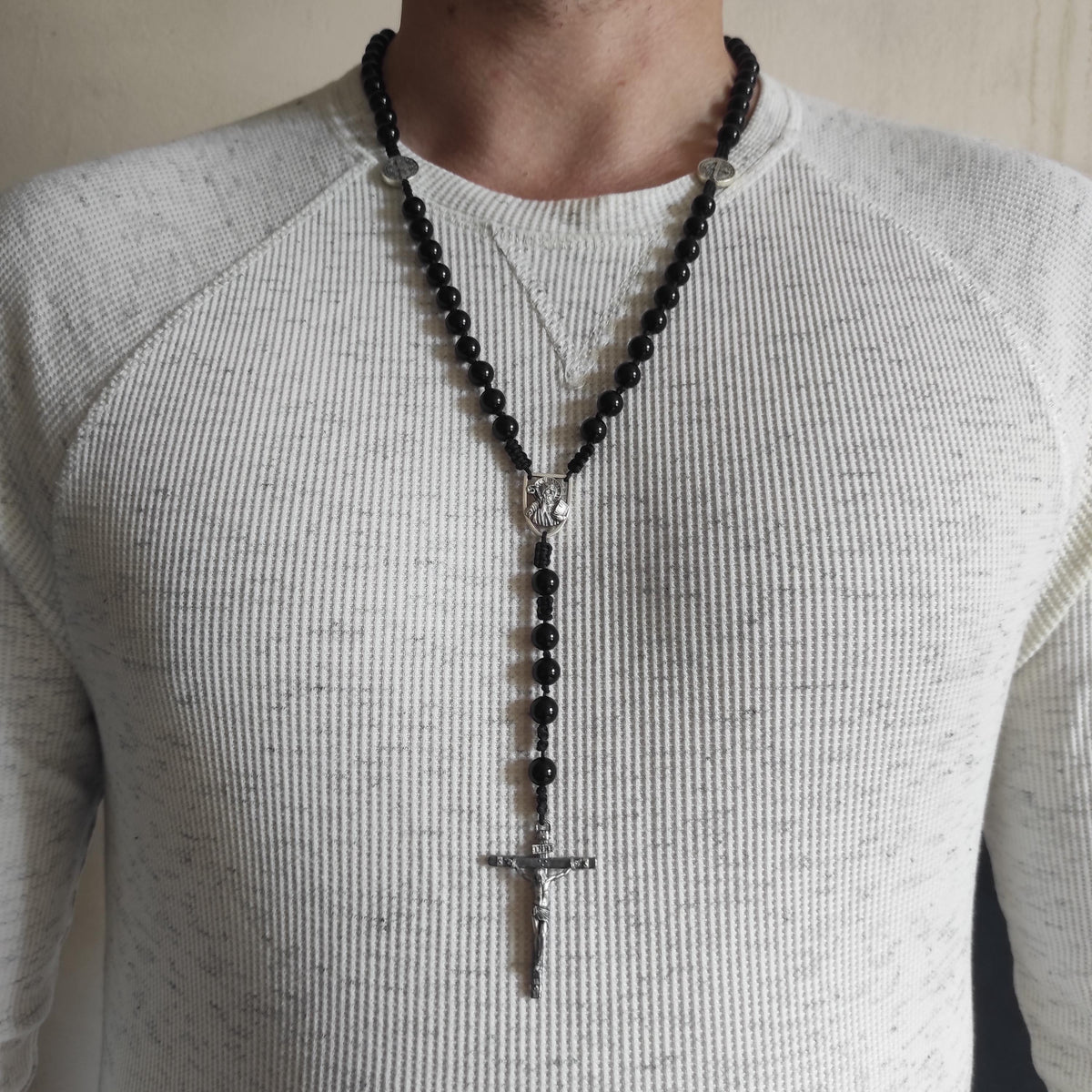 Handmade Sterling Silver Saint Benedict Rosary: Black Agate Beads