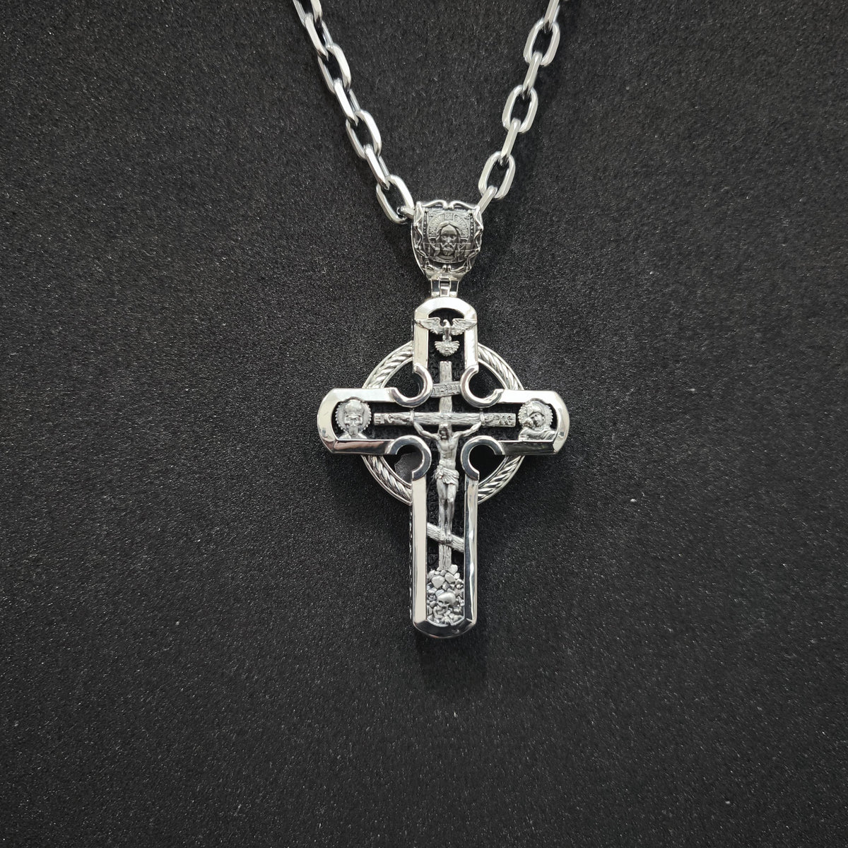 Sterling Silver Orthodox Crucifix Necklace Archangel Saint Michael & Ebony Wood - Religious Pendant