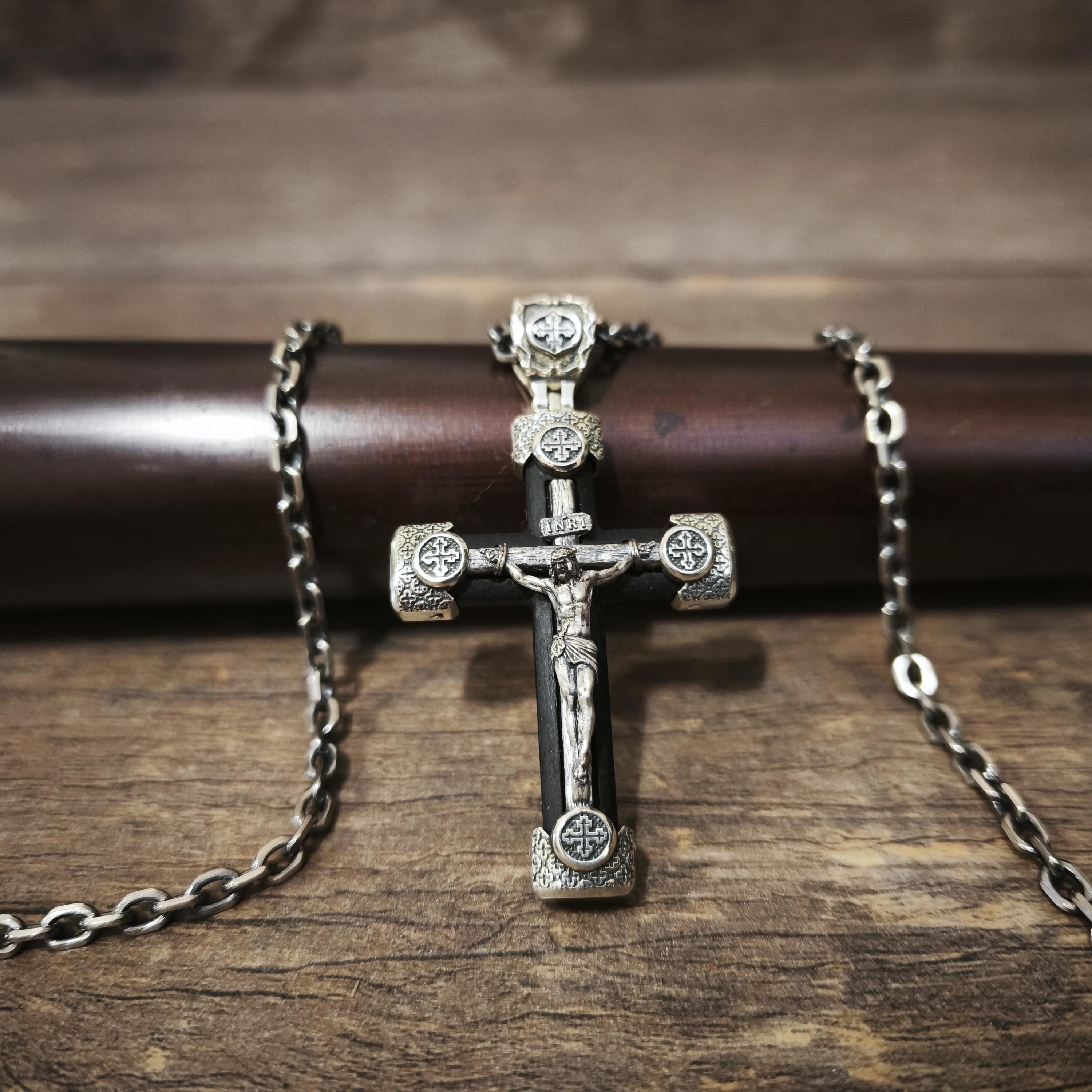 Personalized Jesus Cross Saint Benedict Crucifix Necklace Archangel Saint Michael : Sterling Silver & Ebony Wood