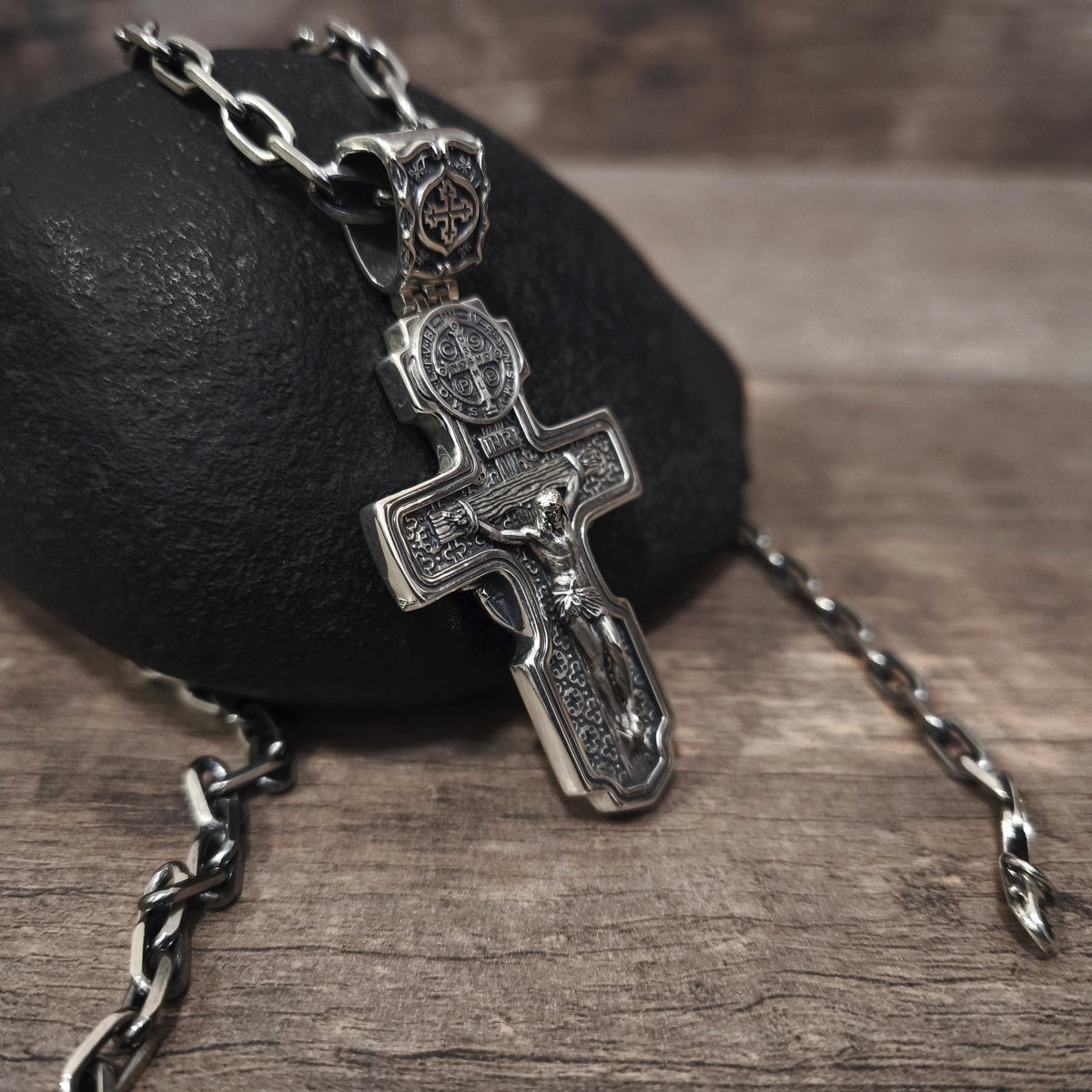 Personalized Jesus Cross Saint Benedict Crucifix Necklace Archangel Saint Michael: Sterling Silver