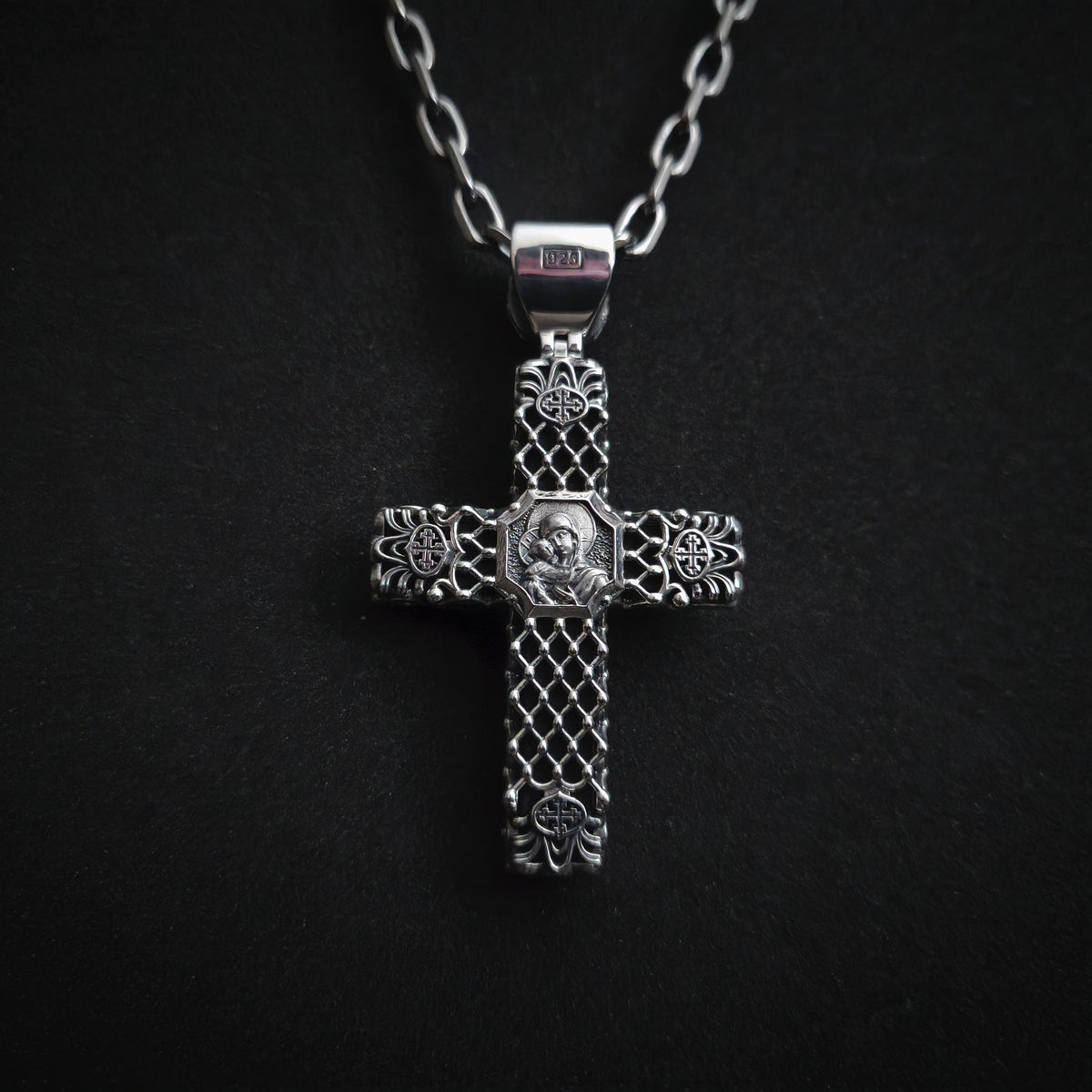 Sterling Silver Orthodox Crucifix Necklace & Ebony Wood - Religious Pendant