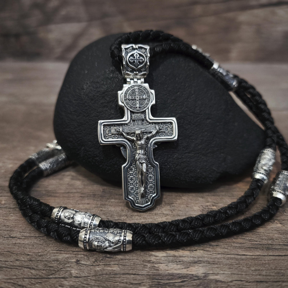 Personalized Jesus Cross Saint Benedict Crucifix Necklace Archangel Saint Michael : Sterling Silver