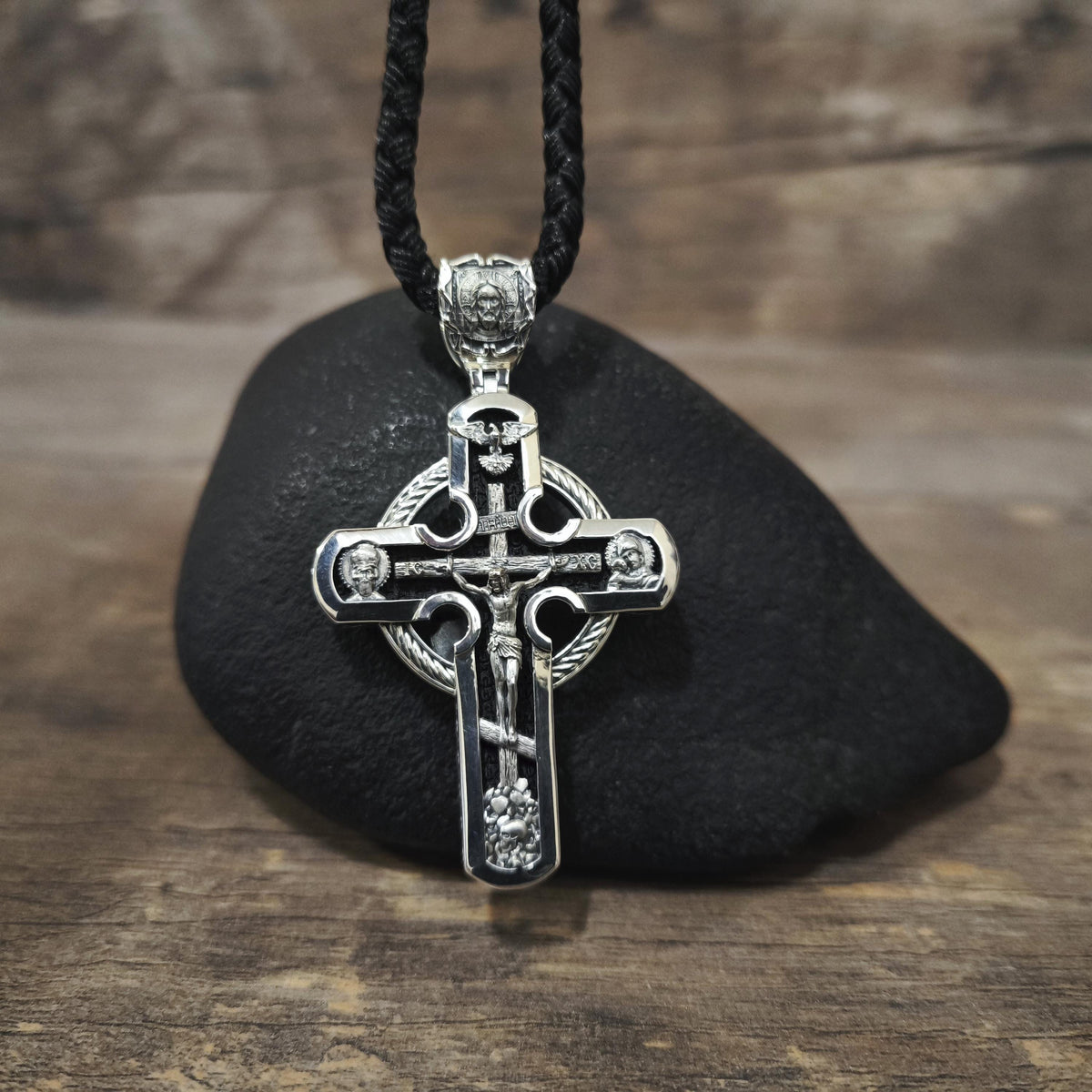 Sterling Silver Orthodox Crucifix Necklace: Jesus Cross Pendant, Ebony Wood