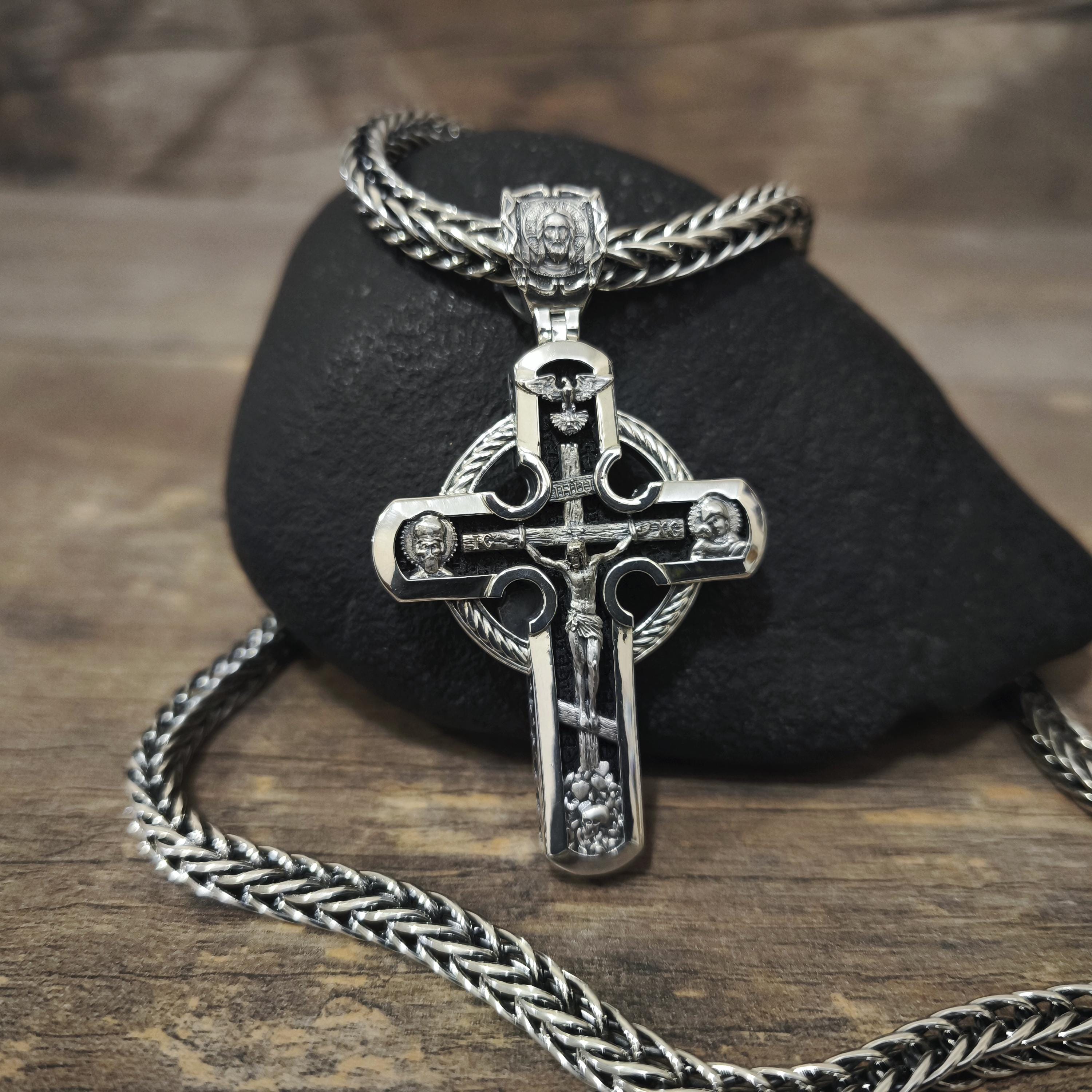 Sterling Silver Orthodox Cross Necklace - Archangel Michael, Ebony Wood