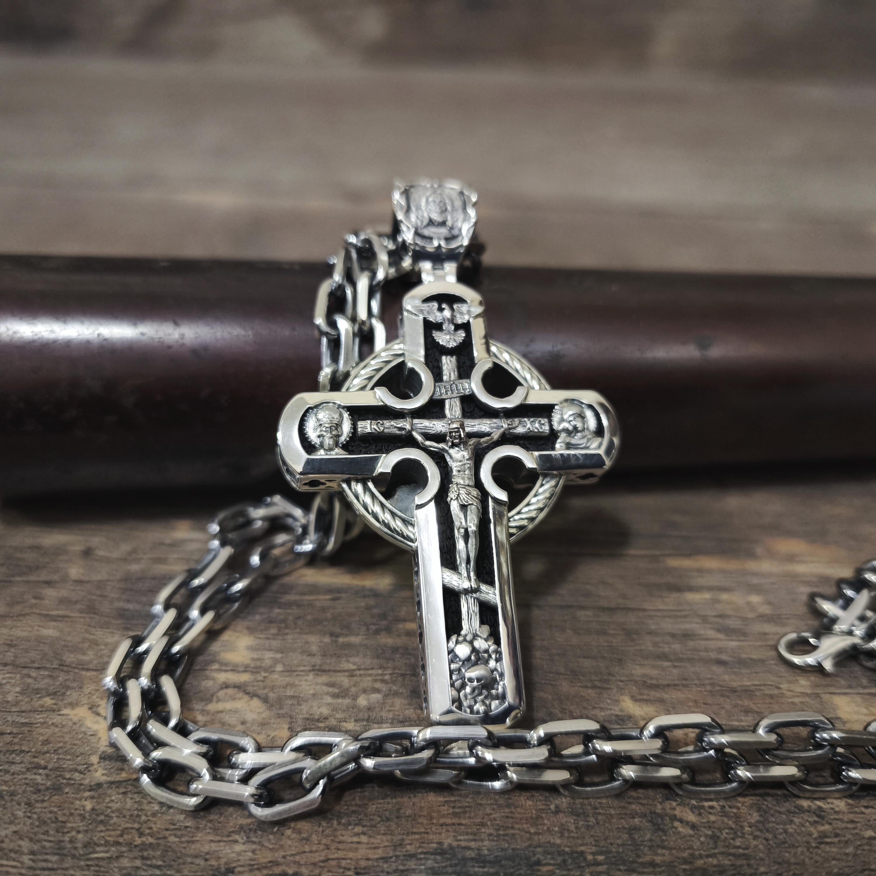 Sterling Silver Orthodox Crucifix Necklace Archangel Saint Michael & Ebony Wood - Religious Pendant