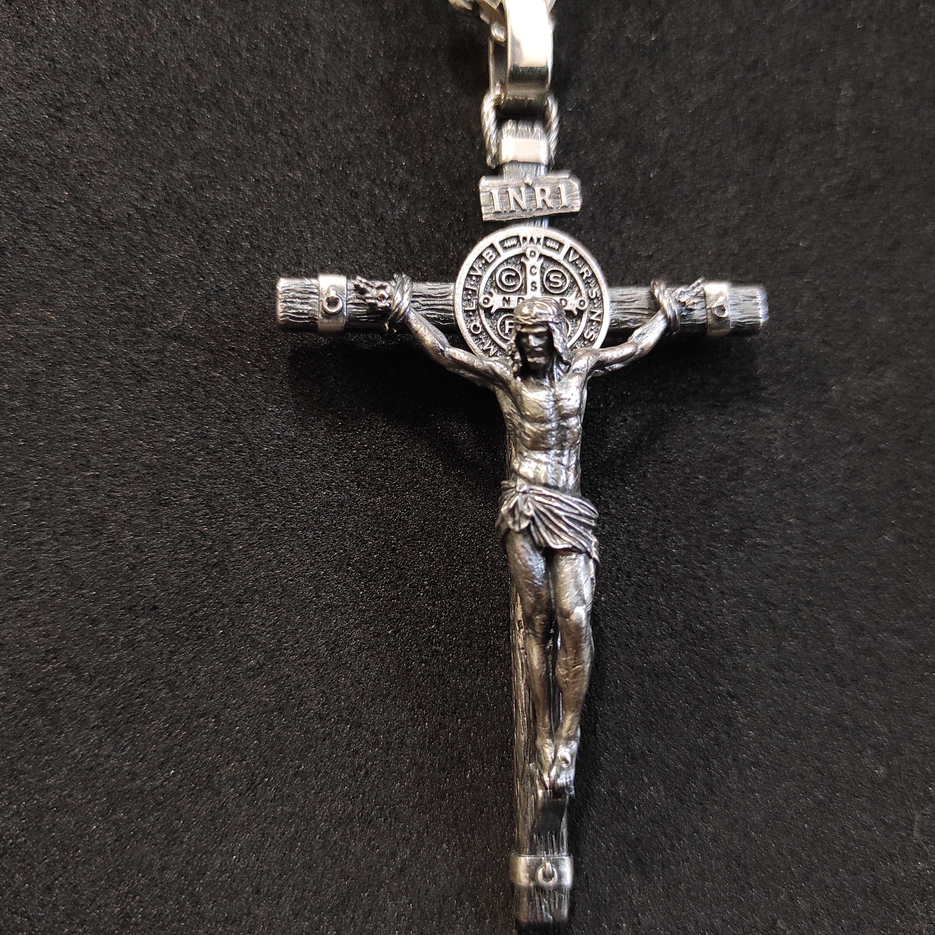 Personalized Saint Benedict Silver Crucifix Necklace: Handmade Exorcism Cross Pendant