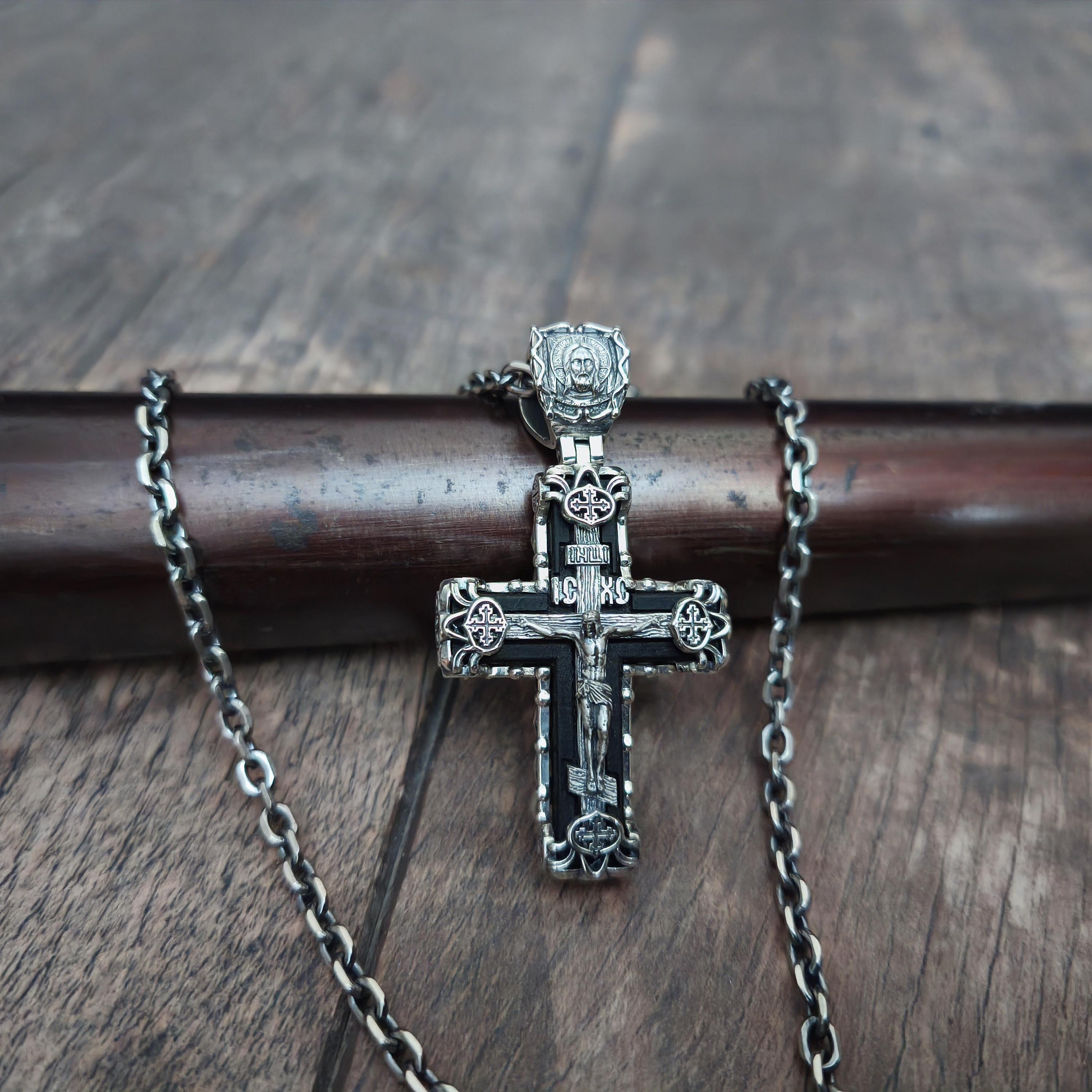Sterling Silver Orthodox Crucifix Necklace & Ebony Wood - Religious Pendant