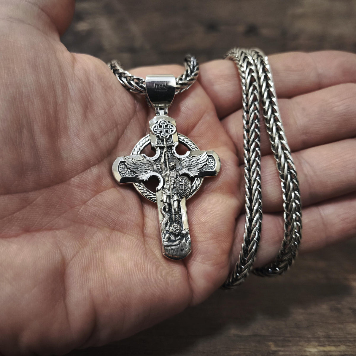 Personalized Saint Benedict Crucifix Necklace Archangel Saint Michael: Sterling Silver